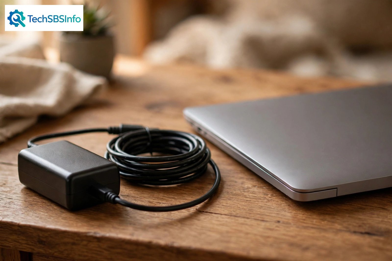 Laptop power adapter with coiled cable on a desk