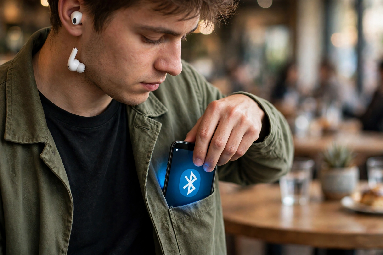 Person wearing earbuds that keep dropping their connection, illustrating android bluetooth keeps disconnecting