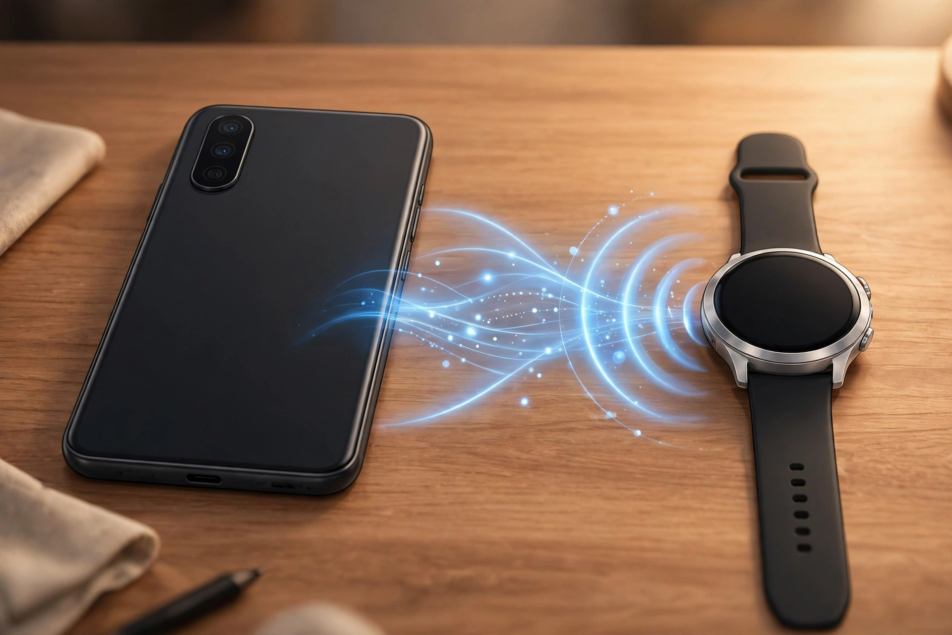 android bluetooth device not pairing — Android phone and smartwatch with glowing wireless connection waves
