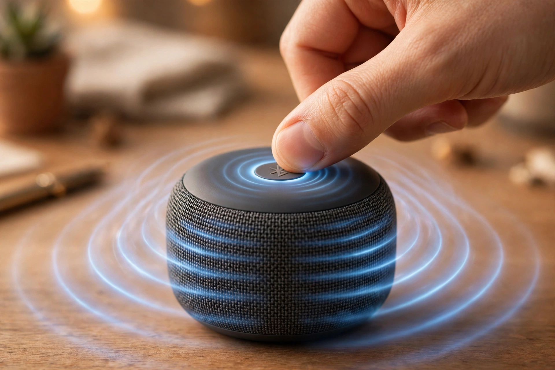 android bluetooth device not pairing — hand pressing the pairing button on a portable Bluetooth speaker