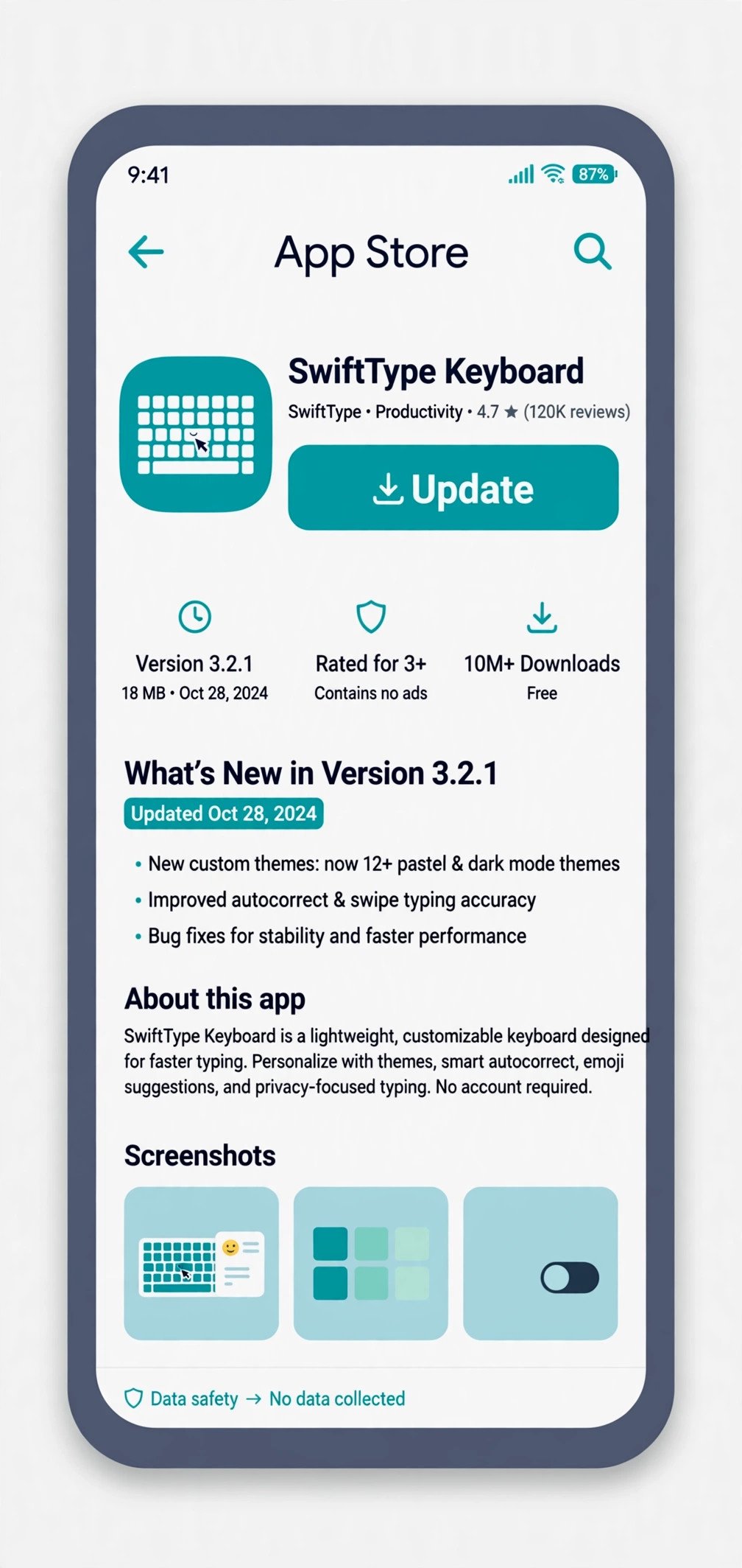 Android phone showing a keyboard app update page in the Play Store, relevant to android keyboard keeps disappearing