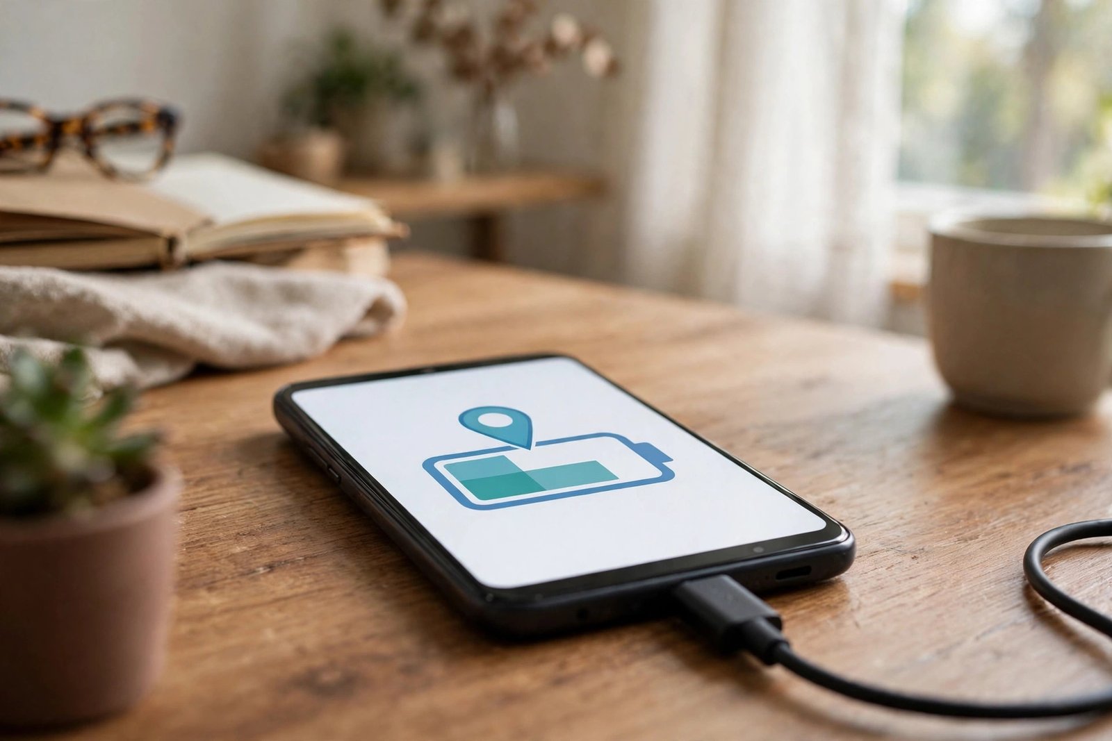 An Android phone charging on a desk with a battery and location pin icon, since battery saver can make android gps not accurate