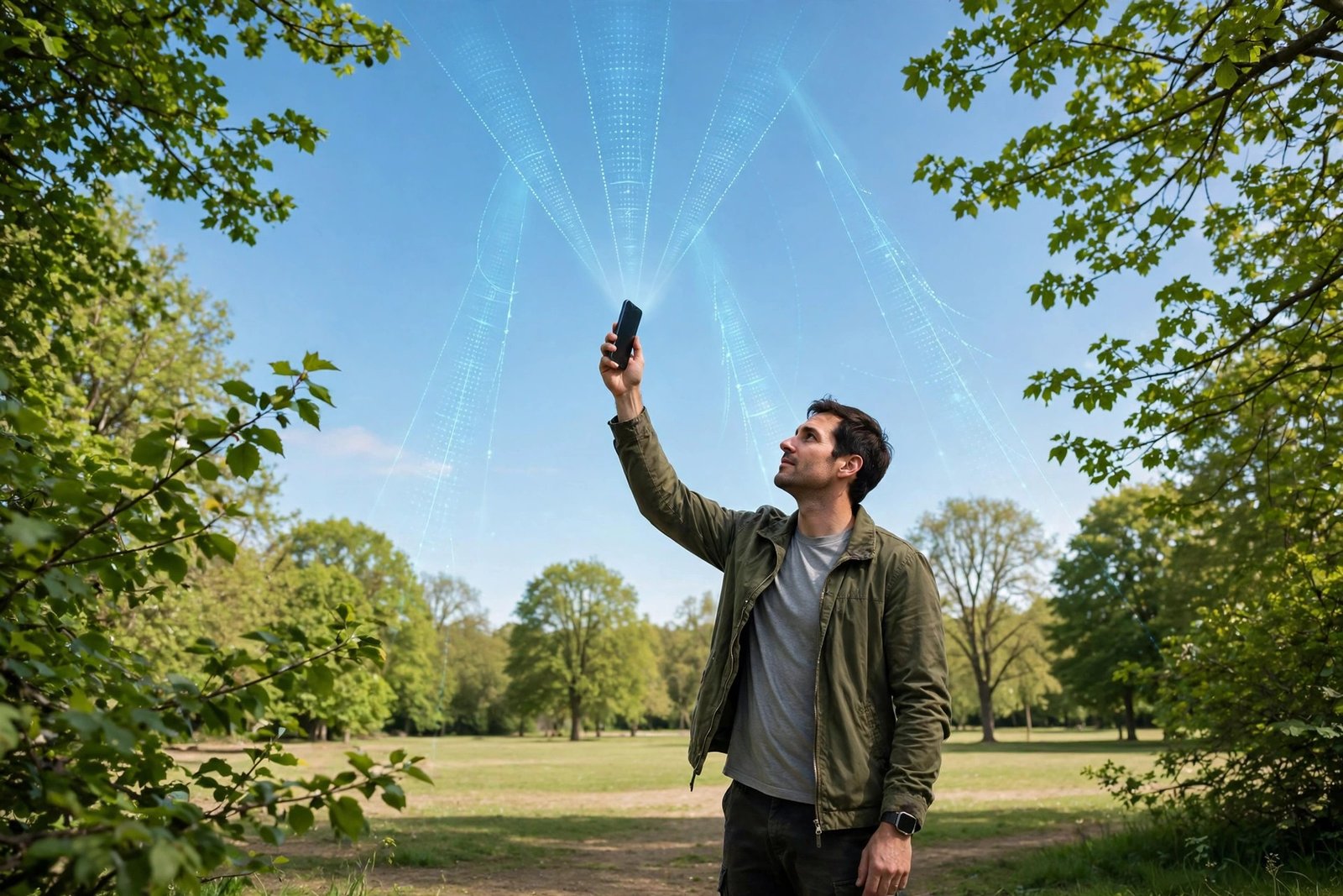A person standing in an open park holding a smartphone up toward a clear blue sky, showing how to get a strong signal when android gps not accurate