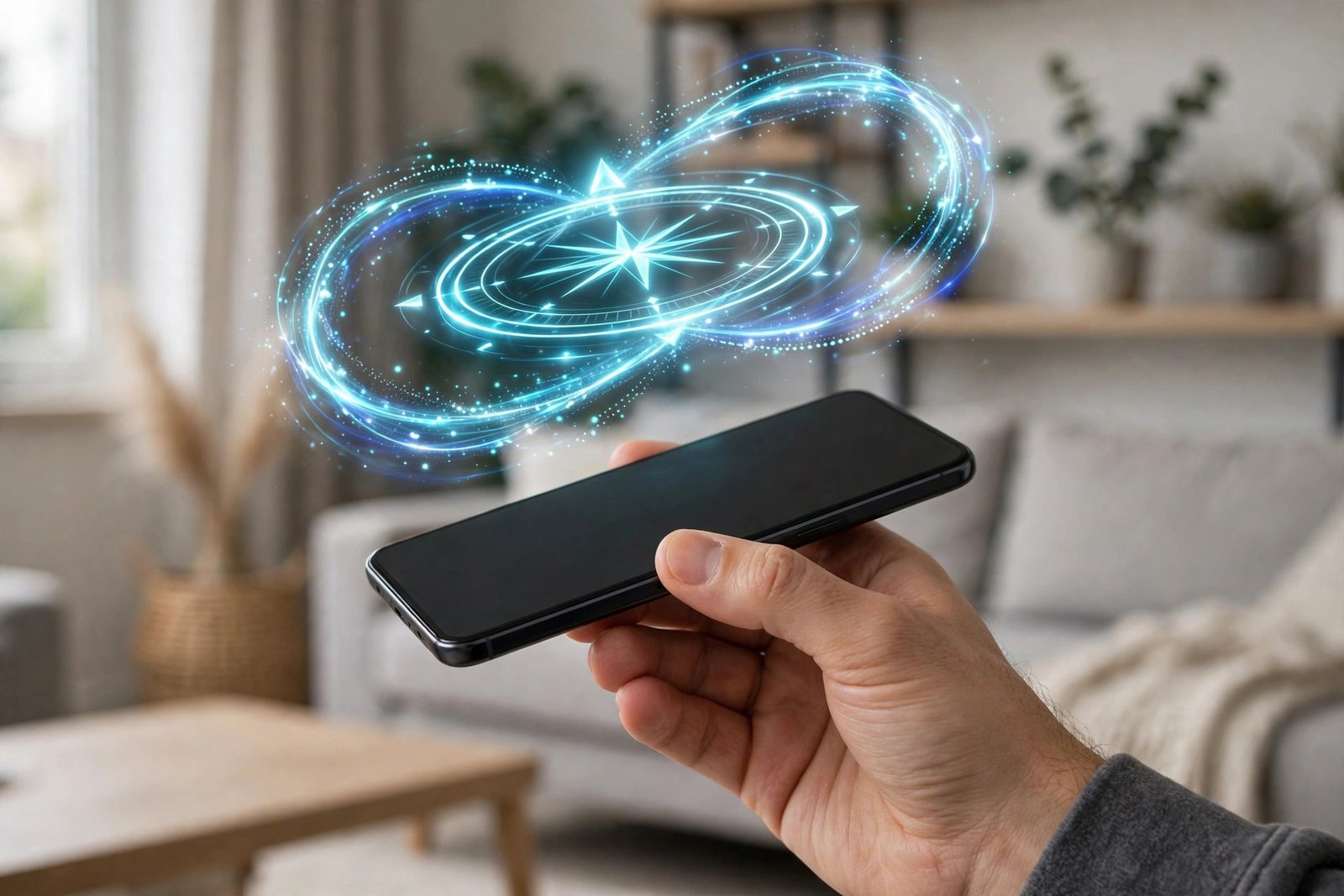 A hand tilting a smartphone with a glowing compass ring above it, showing compass calibration when android gps not accurate