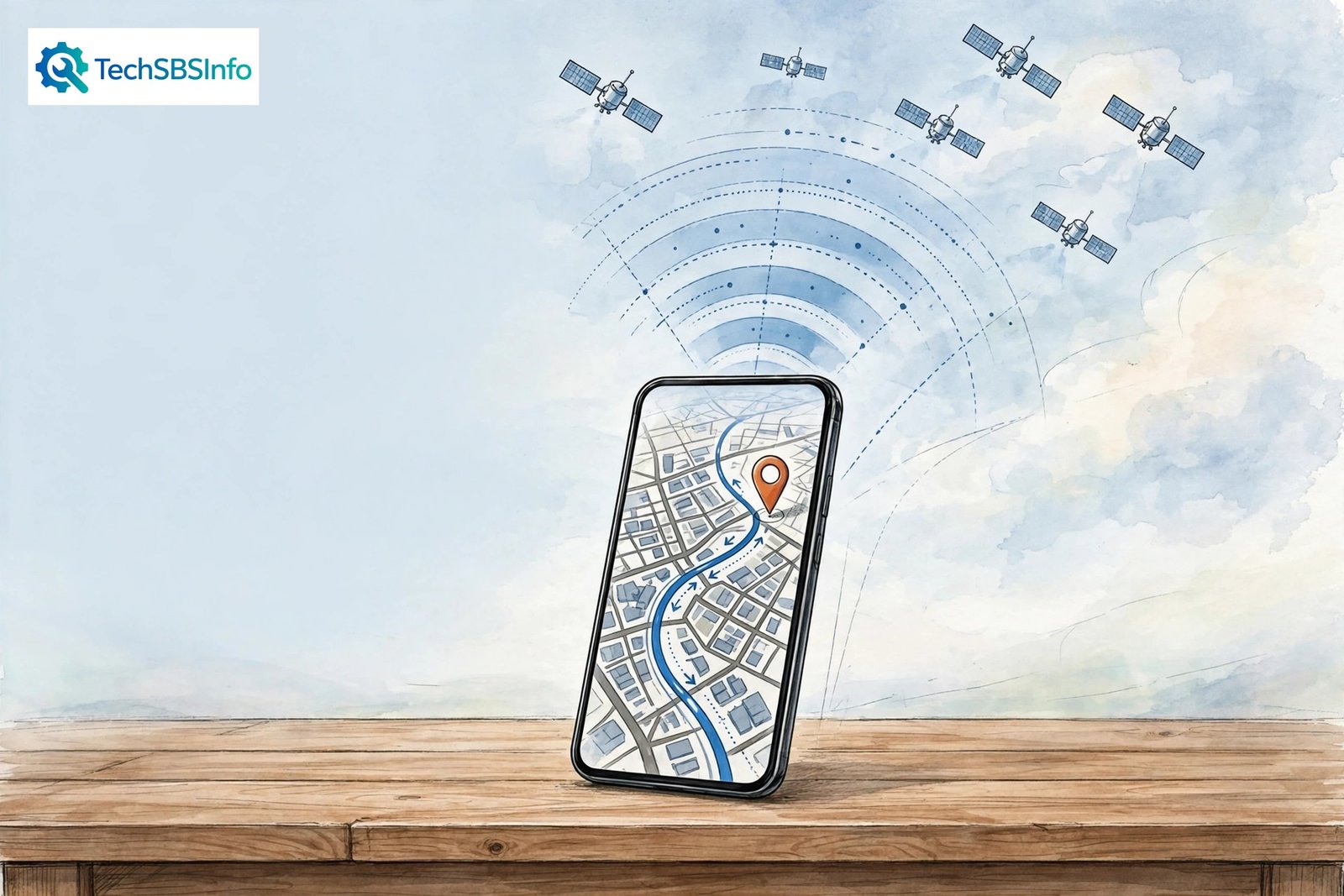 Illustration of a smartphone on a desk showing a city map with an offset location pin, capturing the frustration of android gps not accurate