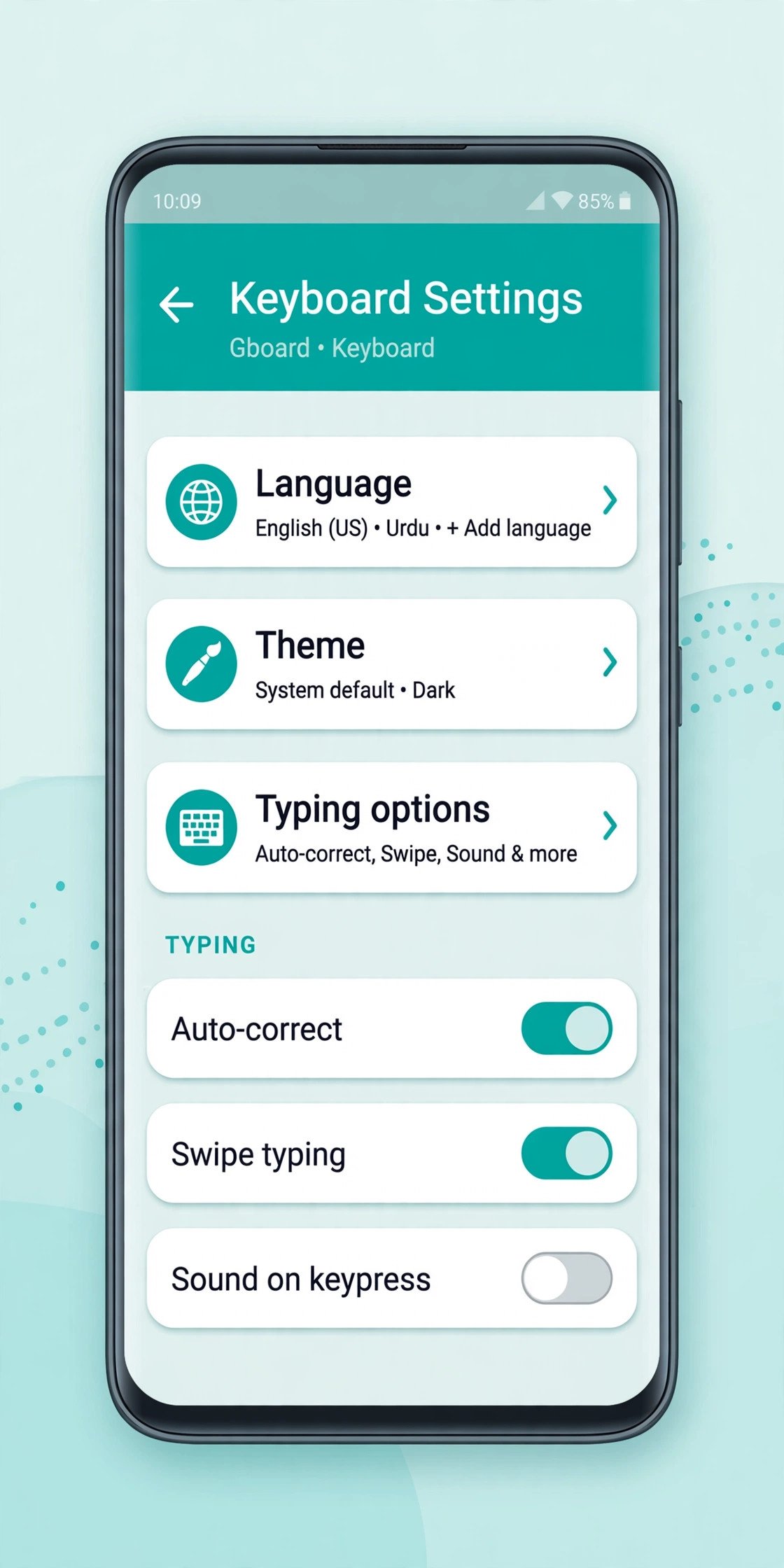 Android phone showing a keyboard app settings screen with language and typing options, related to android keyboard keeps disappearing