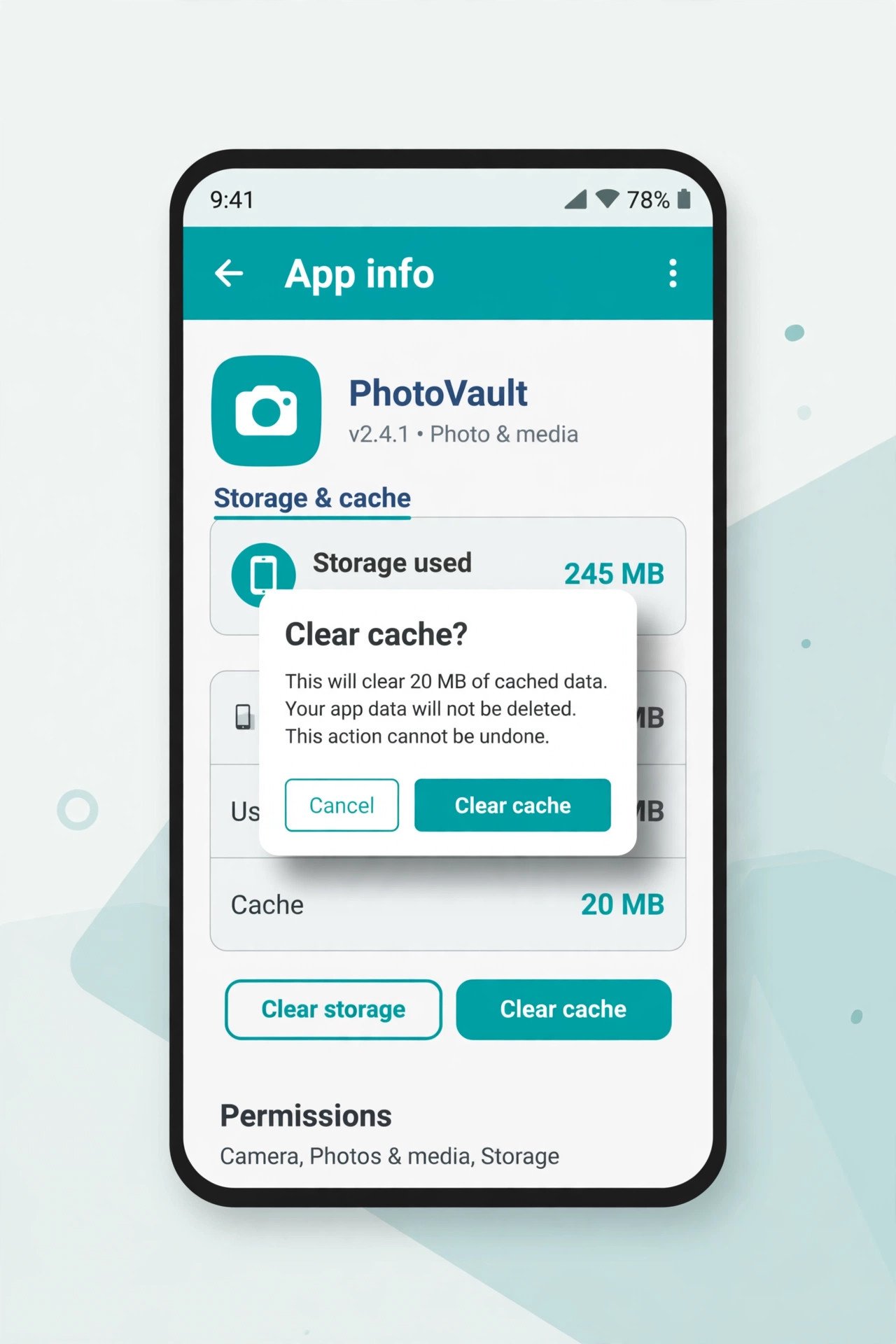 Android phone showing the app info storage screen with a clear cache dialog, for fixing android keyboard keeps disappearing