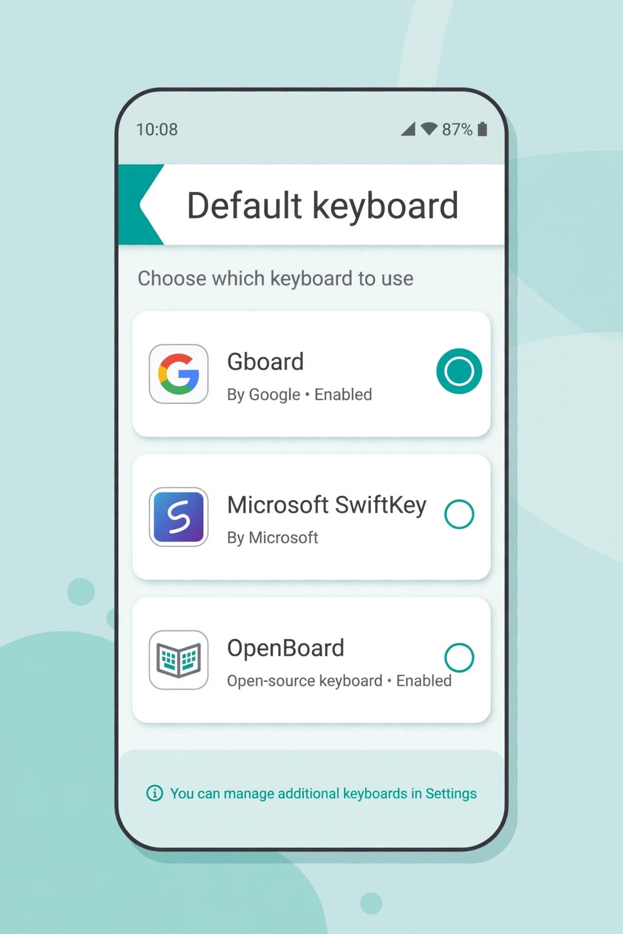 Android phone showing the default keyboard selection menu with the exact focus keyword android keyboard keeps disappearing