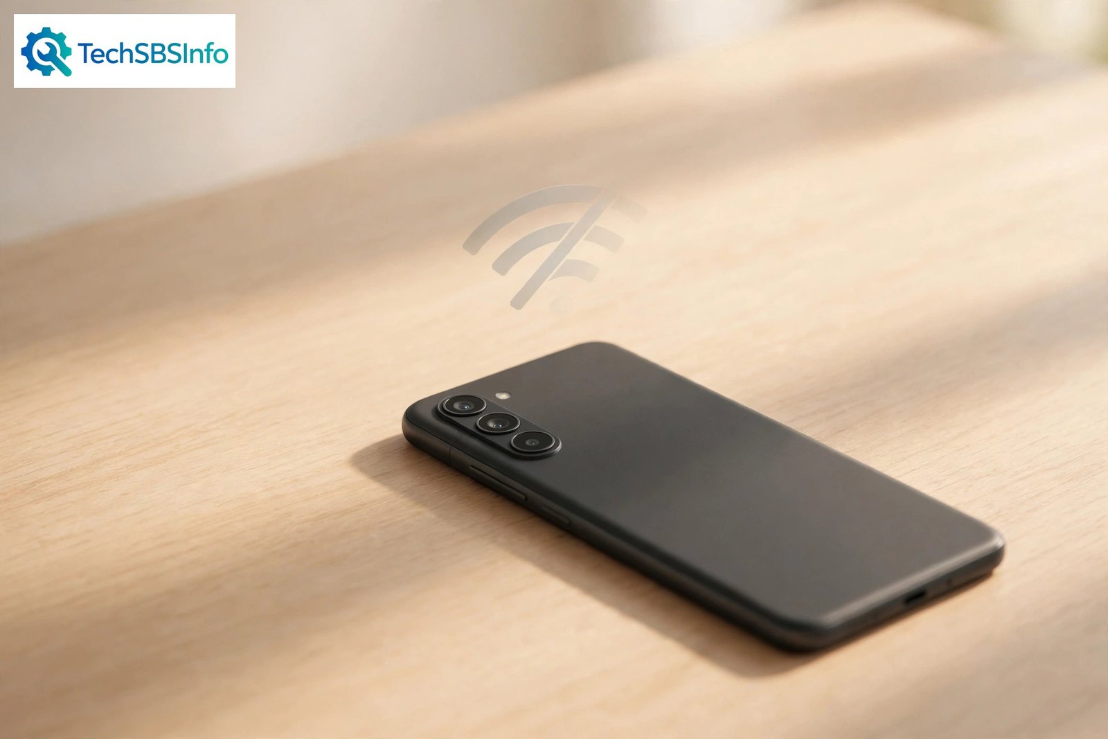 A TechSBSInfo branded smartphone on a wooden desk with a broken Wi-Fi signal icon fading above it, illustrating an android phone keeps disconnecting from wifi