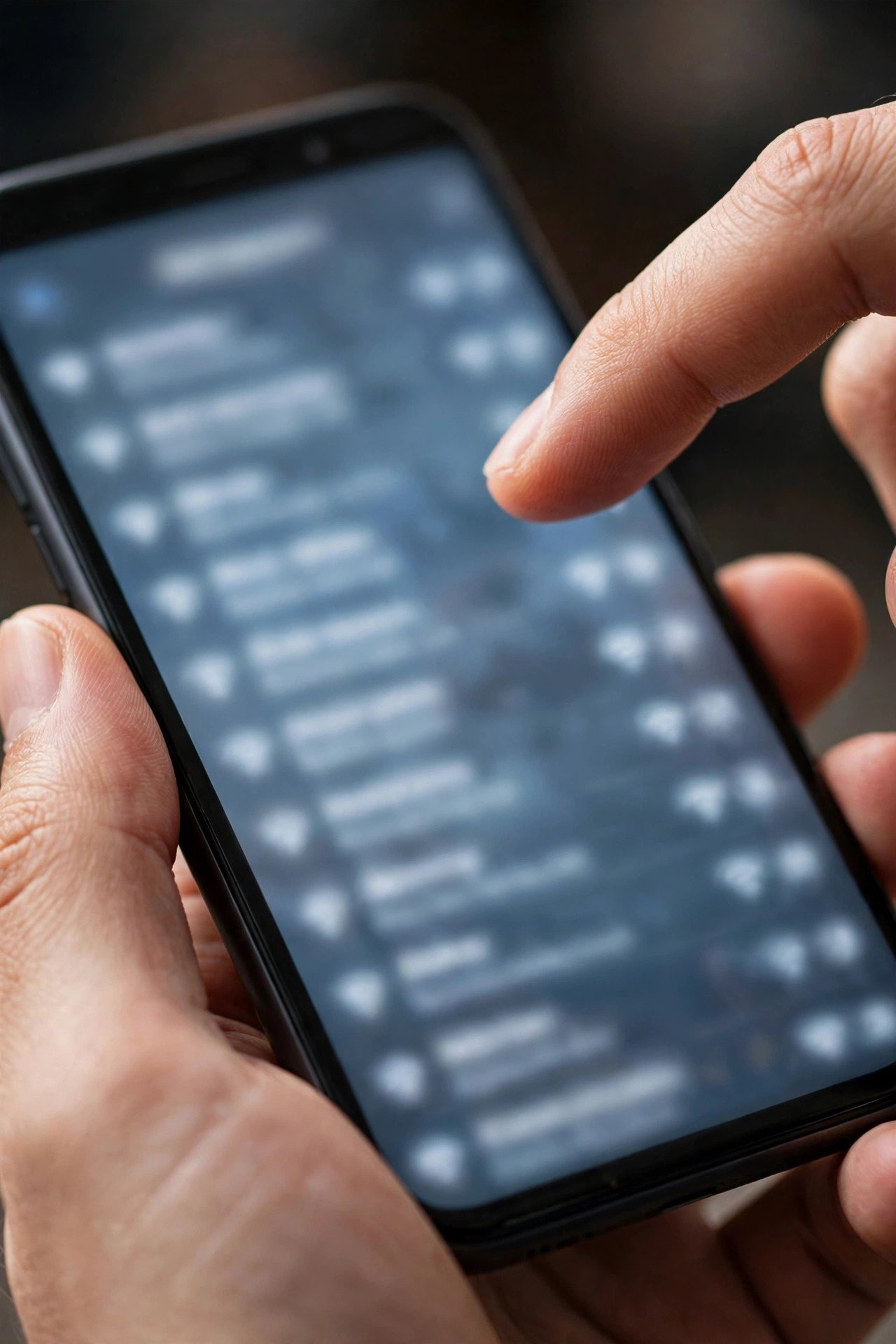 A finger tapping a blurred Wi-Fi network list on a phone, showing the forget-and-reconnect fix for an android phone keeps disconnecting from wifi
