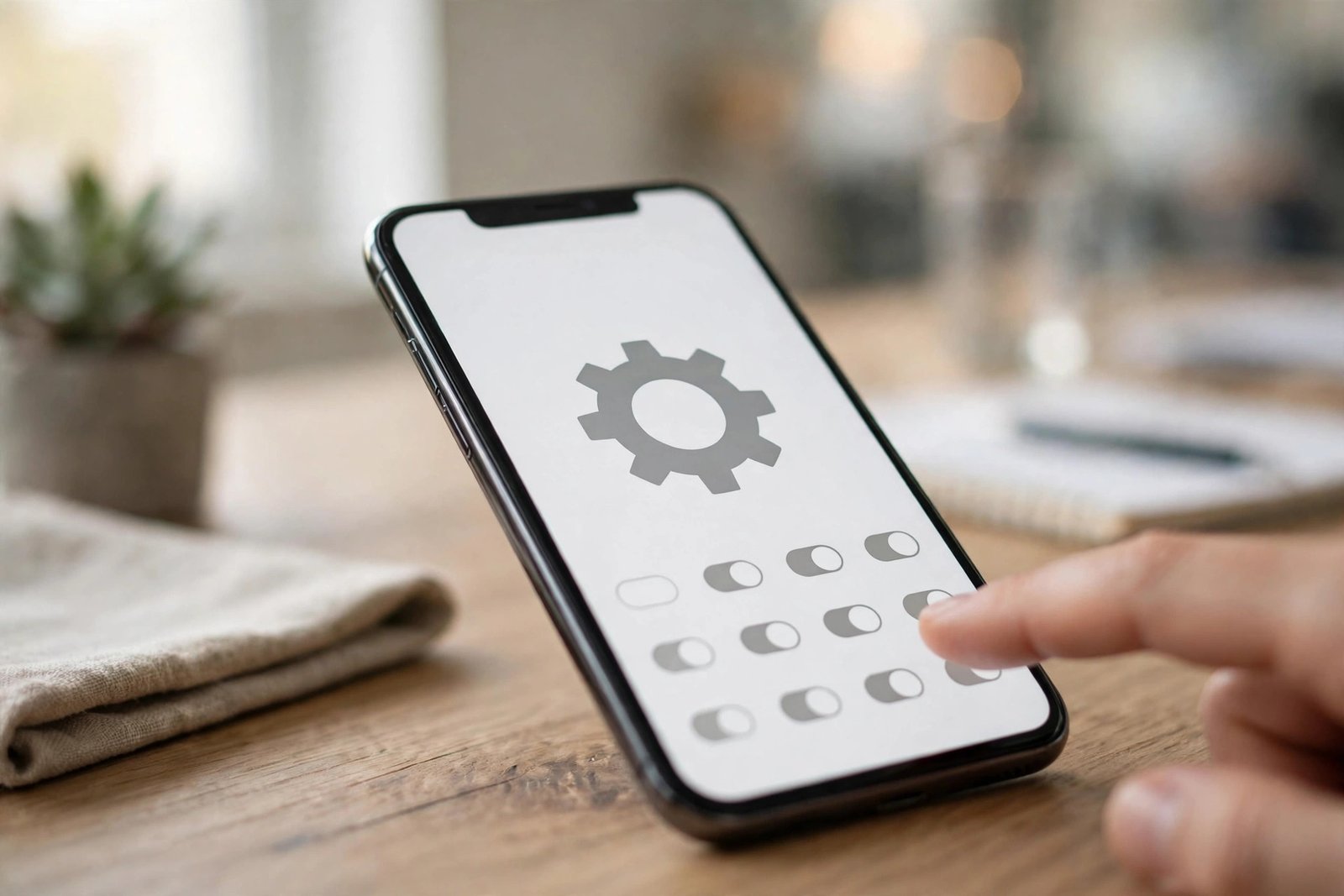 A smartphone showing a settings screen with a gear icon and toggles, illustrating the network reset fix for an android phone keeps disconnecting from wifi