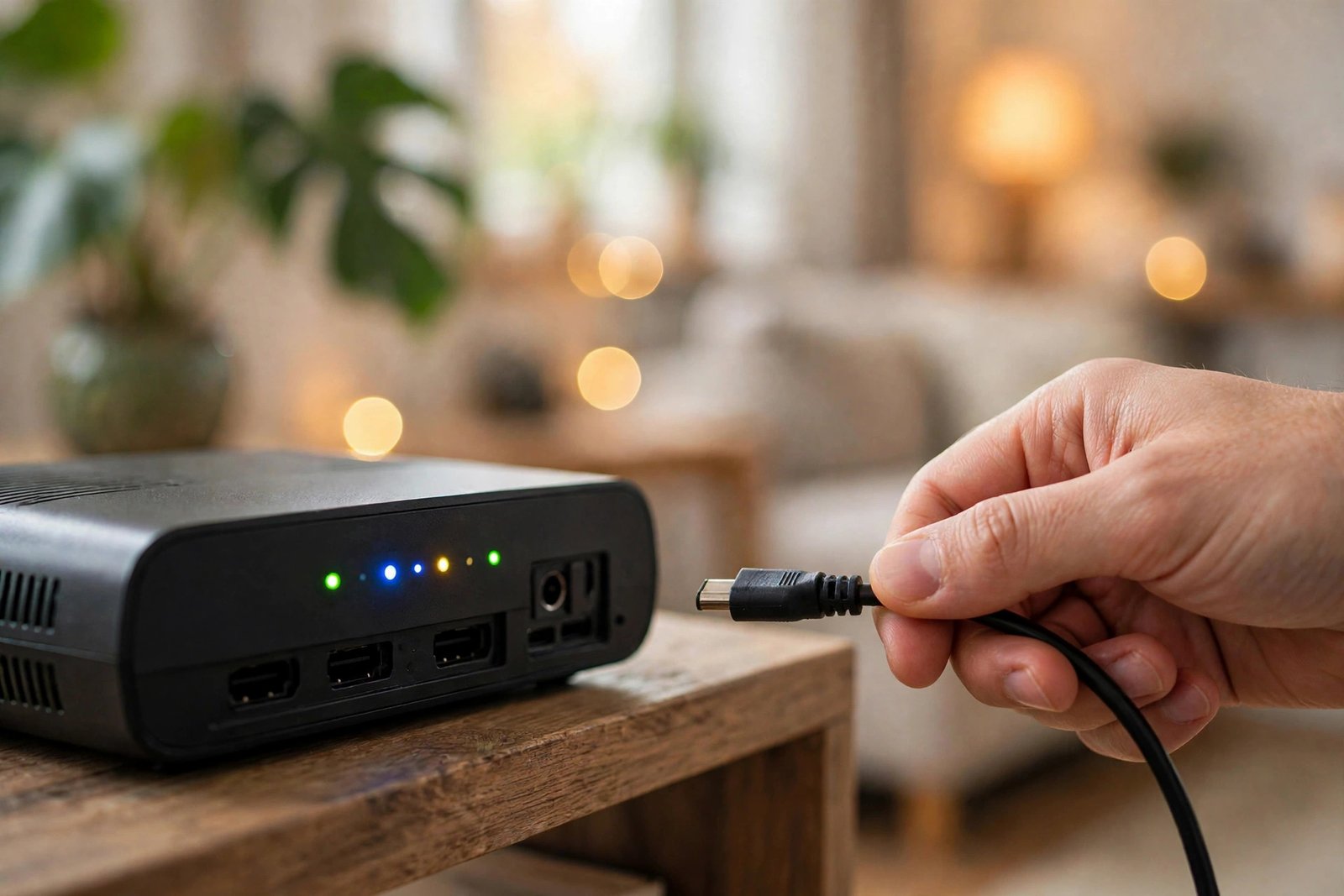 A hand unplugging the power cable from a home Wi-Fi router, illustrating the first fix for an android phone keeps disconnecting from wifi