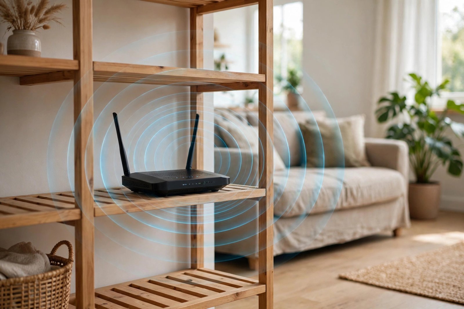 A router on a living room shelf with signal waves spreading through the room, showing ideal placement to stop an android phone keeps disconnecting from wifi