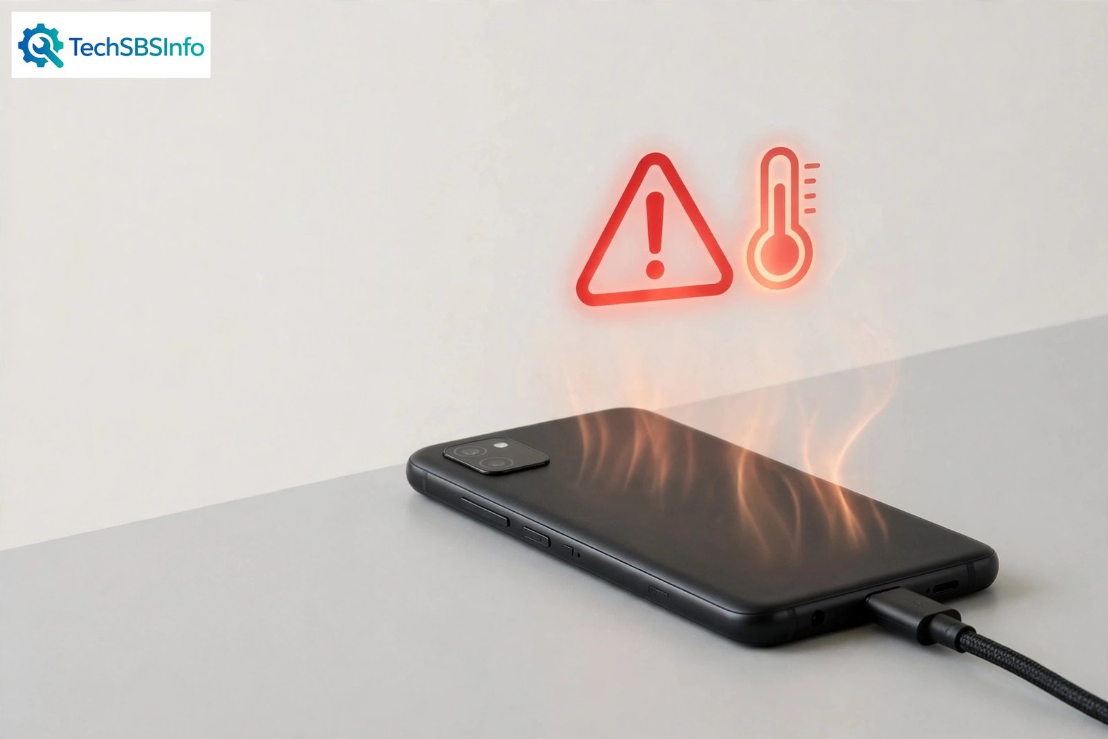 Android phone overheating while charging on a desk with a heat warning symbol