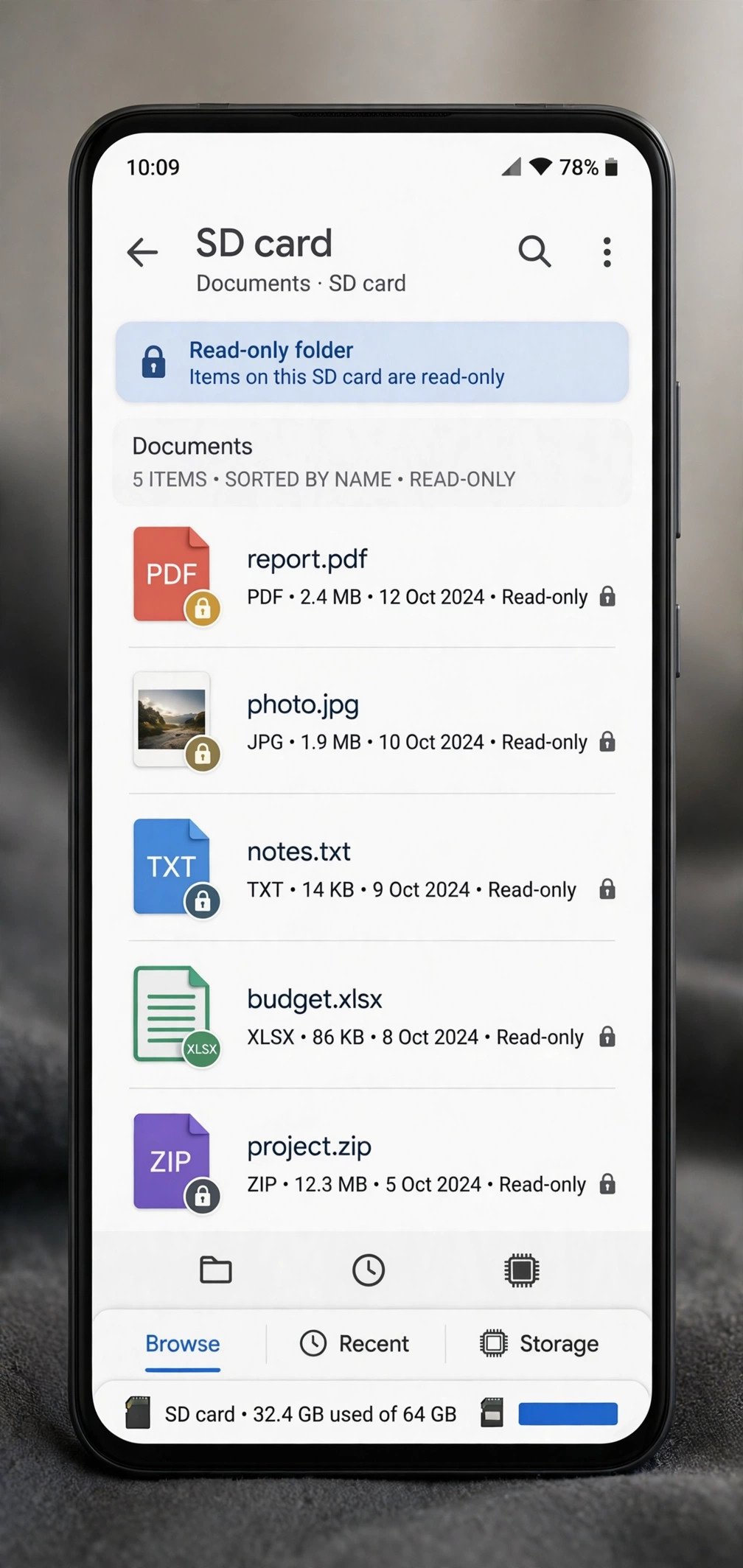 File manager showing locked files on a card affected by the android sd card read only error
