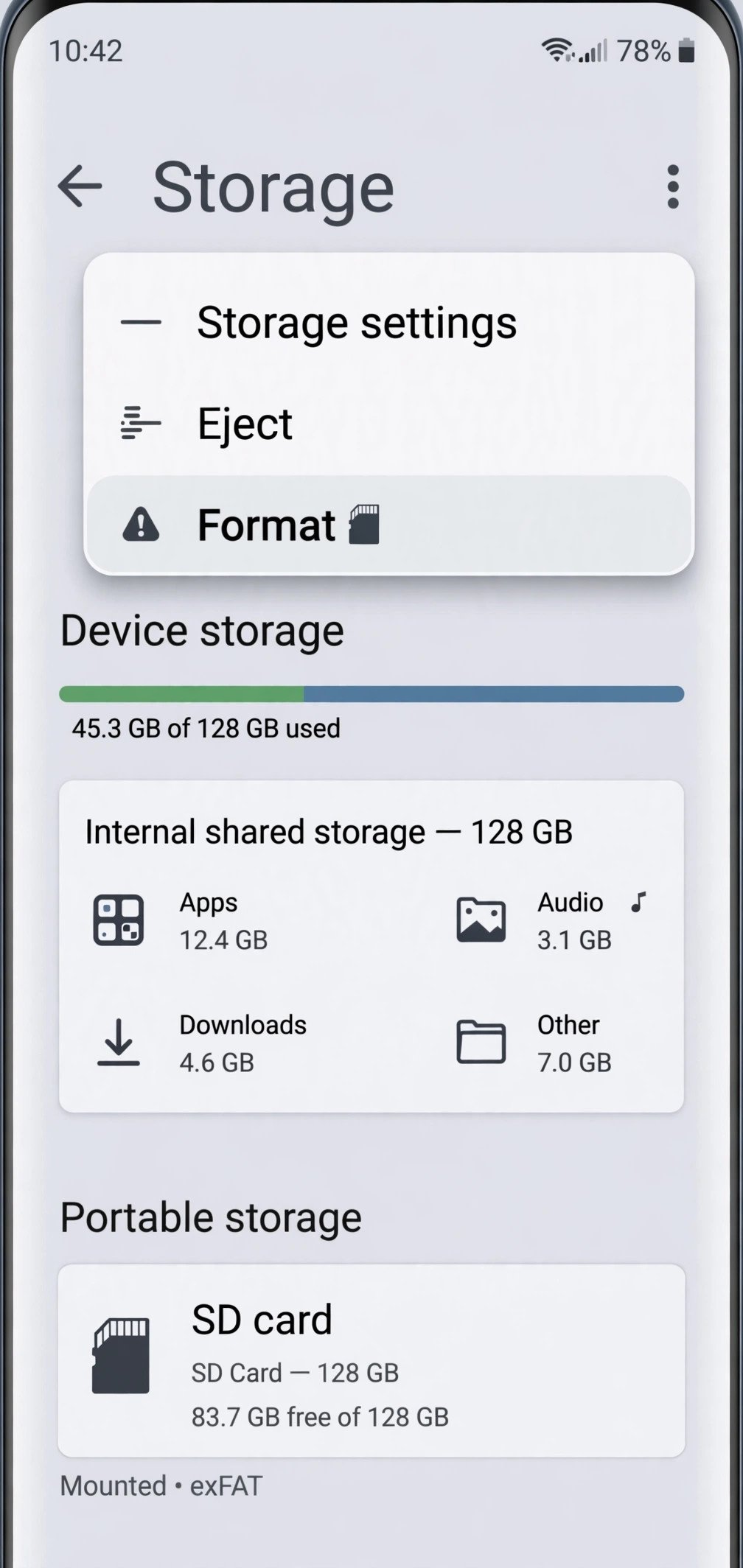Android storage settings format option used to fix the android sd card read only error