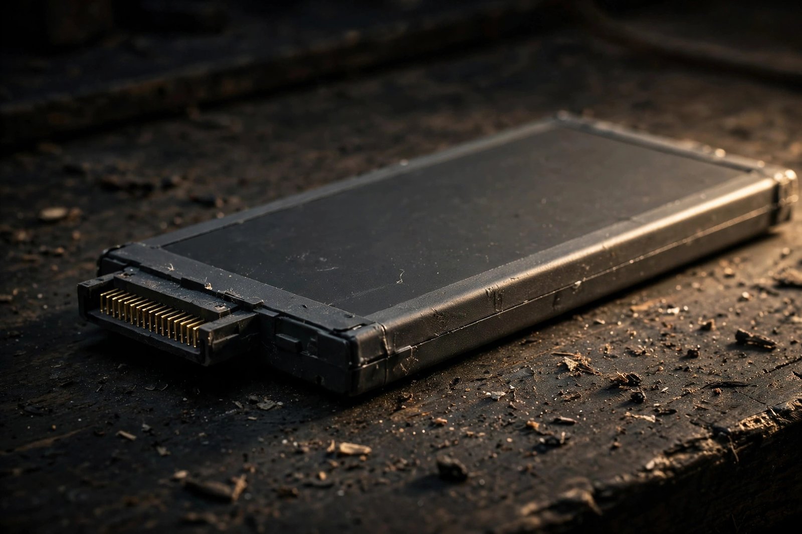 Close-up of a laptop battery on a workbench