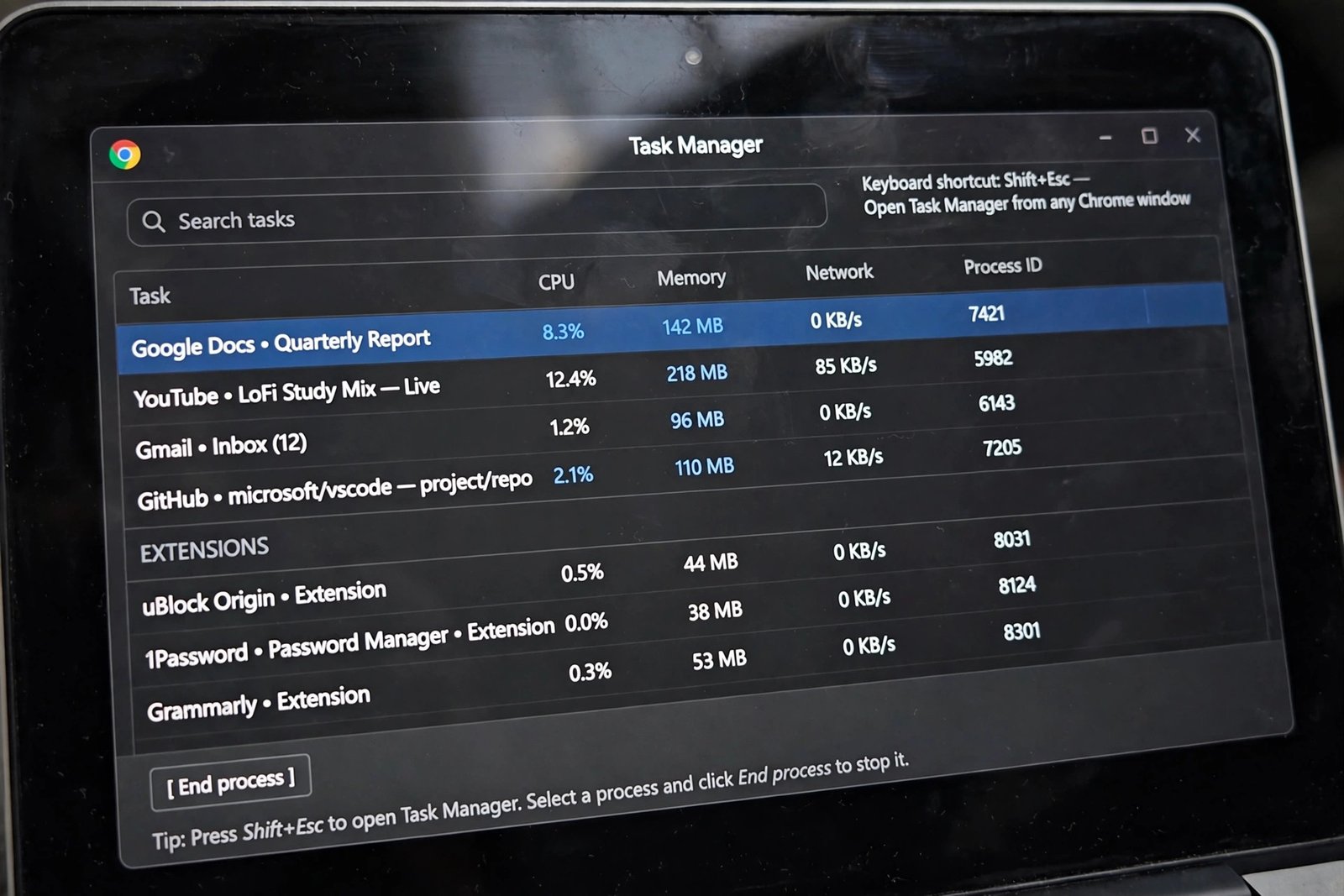 Chrome built-in Task Manager window opened with Shift+Esc showing the CPU column — chrome high cpu usage diagnosis