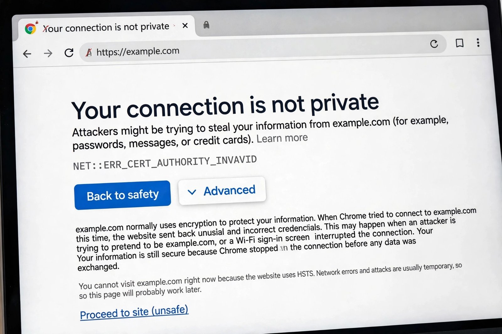 chrome says your connection is not private advanced details with proceed link
