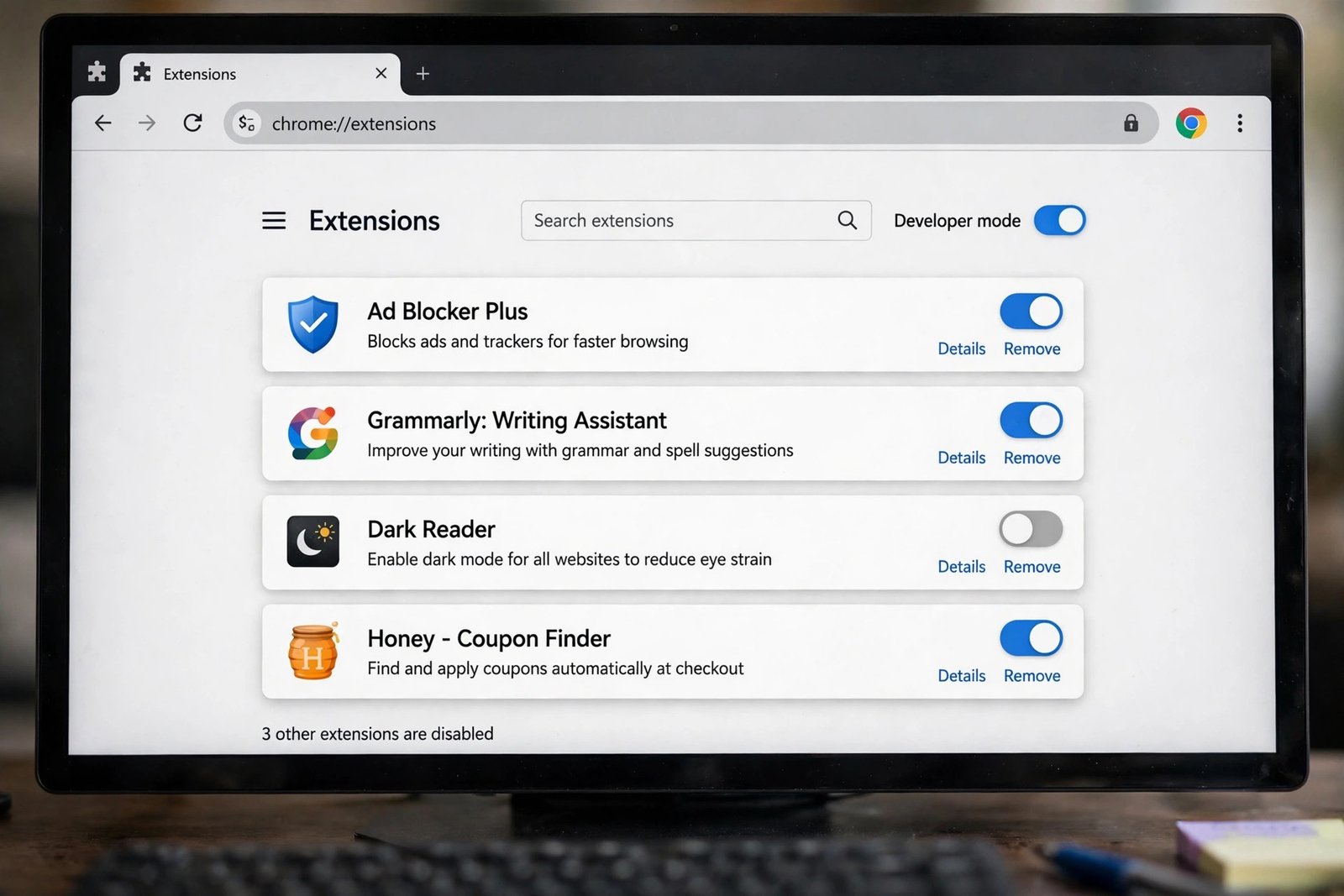Chrome extensions management page with on-off toggles for each extension — chrome high cpu usage fix