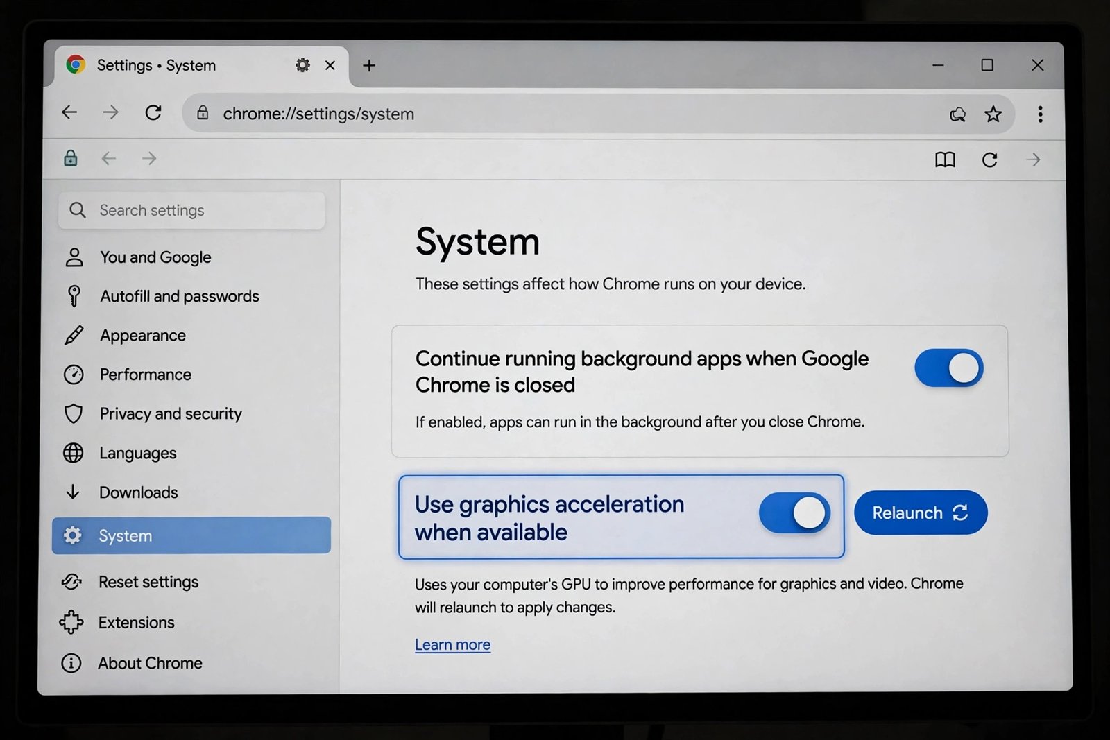 Chrome Settings System section showing the hardware acceleration toggle — chrome high cpu usage fix