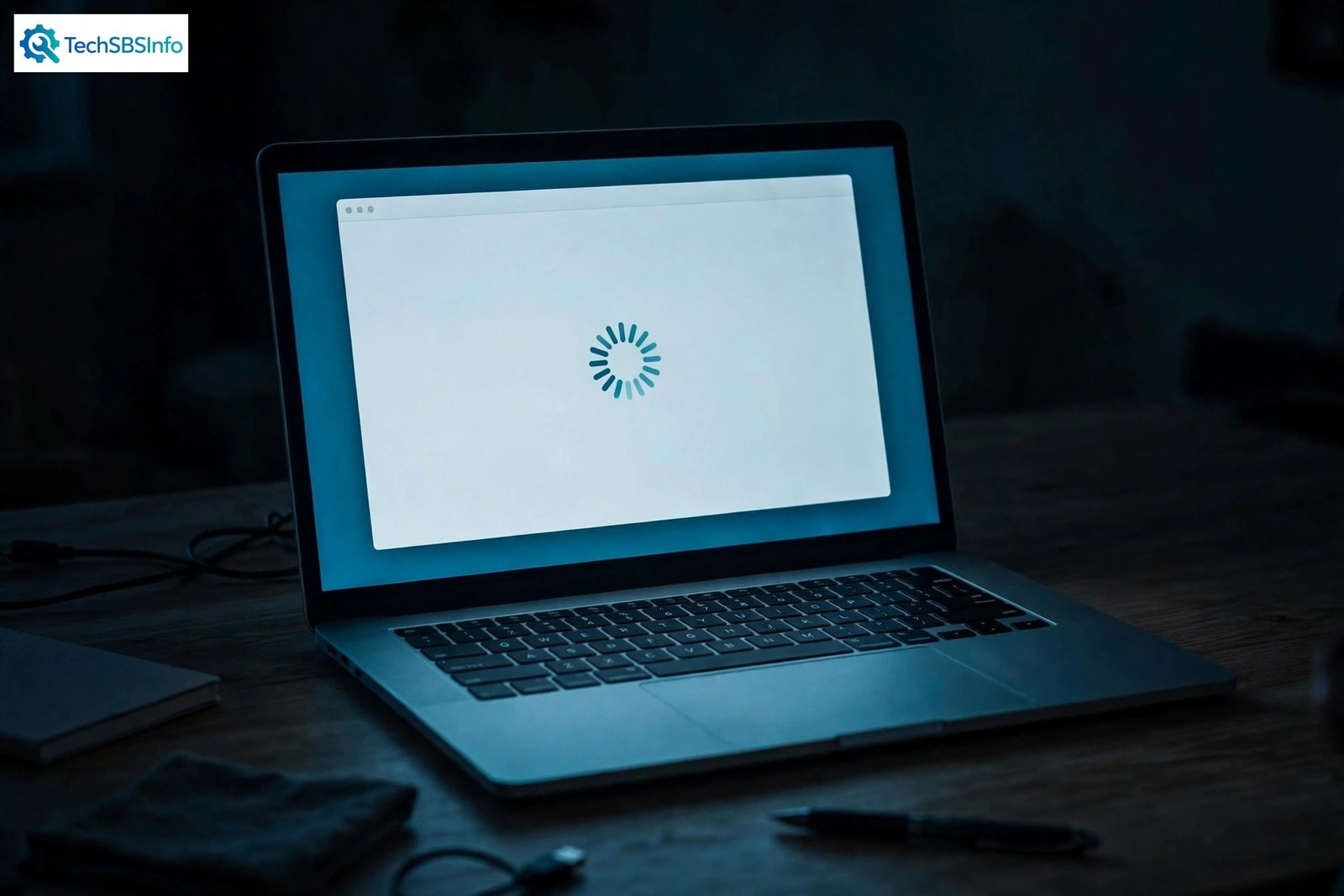 A laptop showing a blank browser page with a spinning loading indicator, illustrating Chrome pages not loading