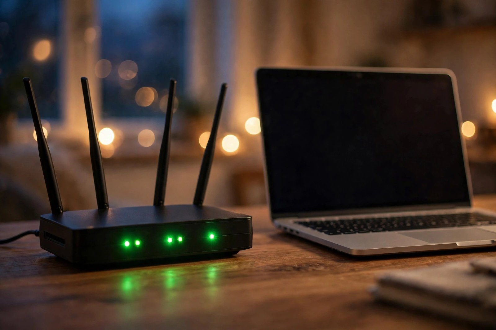 A home Wi-Fi router with glowing signal lights; restarting it often fixes Chrome pages not loading