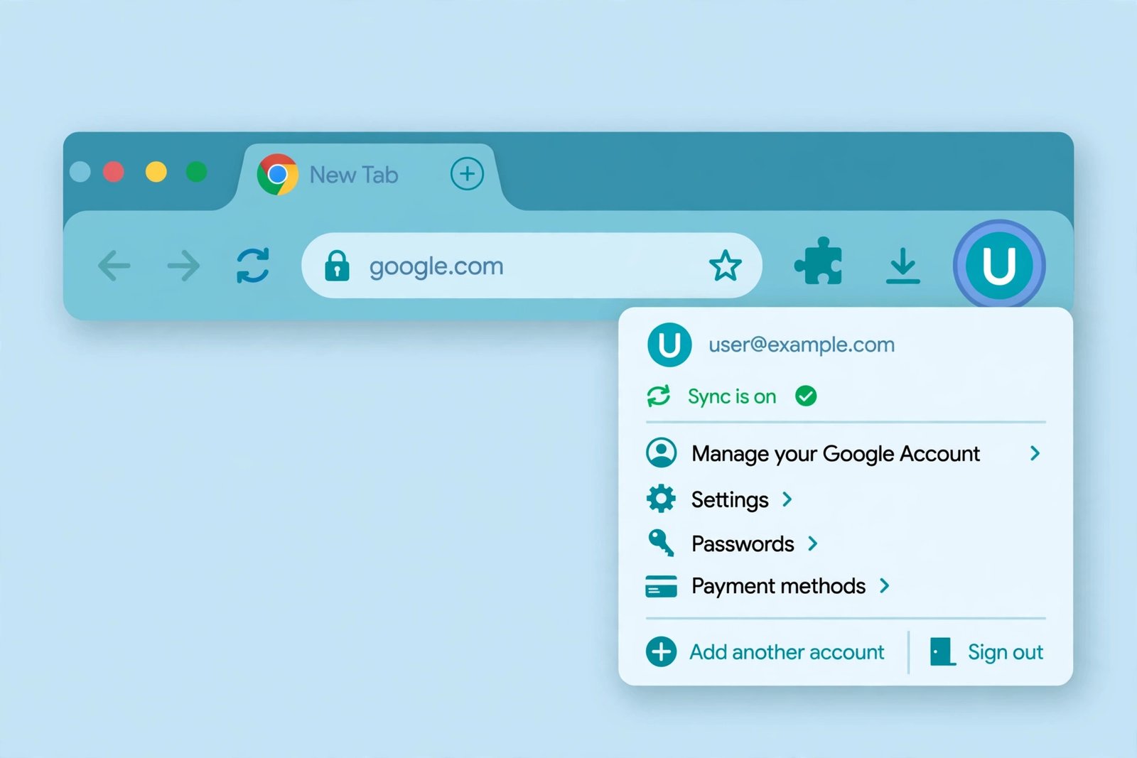 Chrome bookmarks not syncing — confirming the signed-in profile and sync status in the Chrome profile menu
