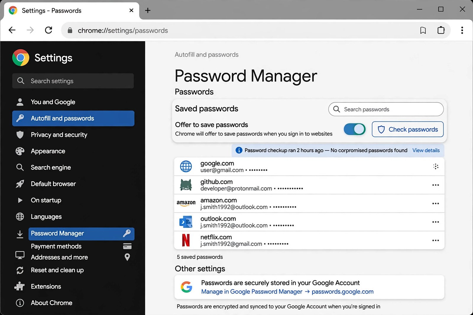 Checking the Passwords section in Chrome settings when chrome saved passwords disappeared