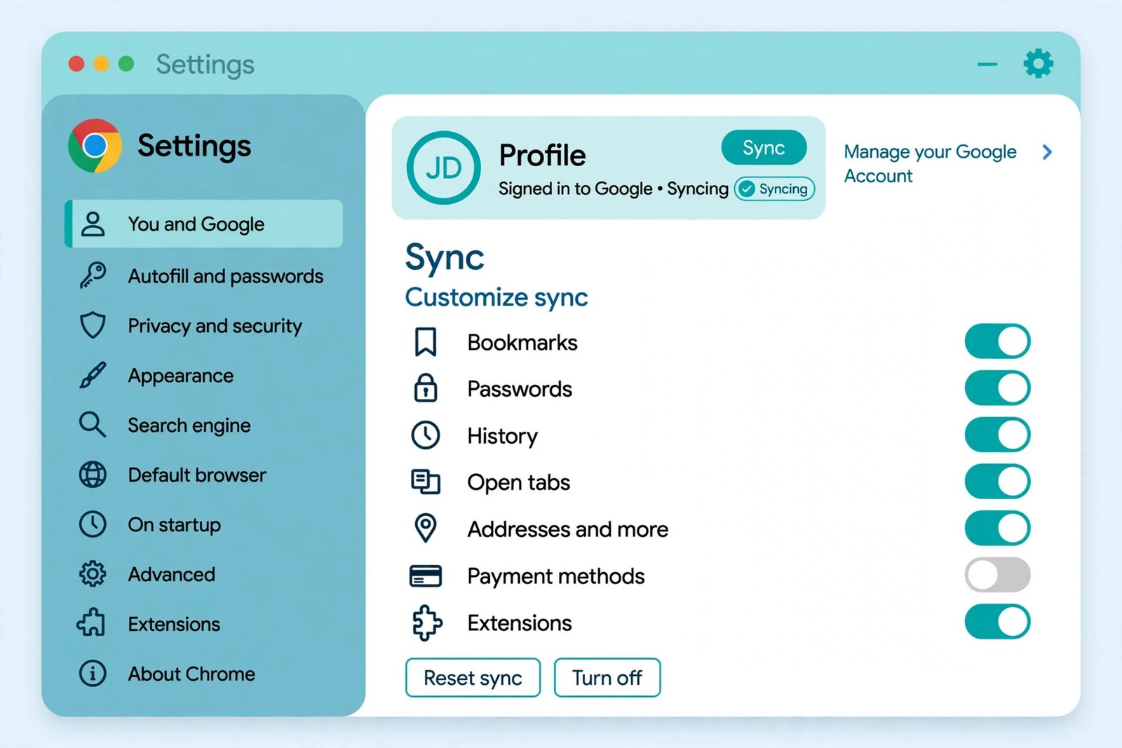 Chrome bookmarks not syncing fix — checking the Bookmarks toggle in Chrome sync settings