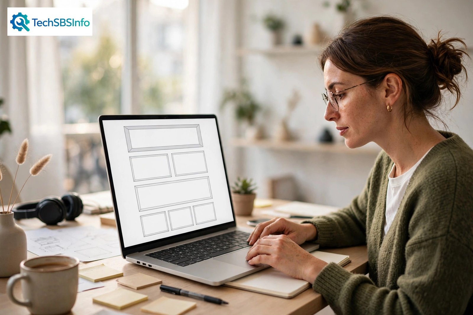 Designer at a desk fixing elementor editor not loading on a laptop showing a blank page-builder canvas, with the TechSBSInfo logo at the top left