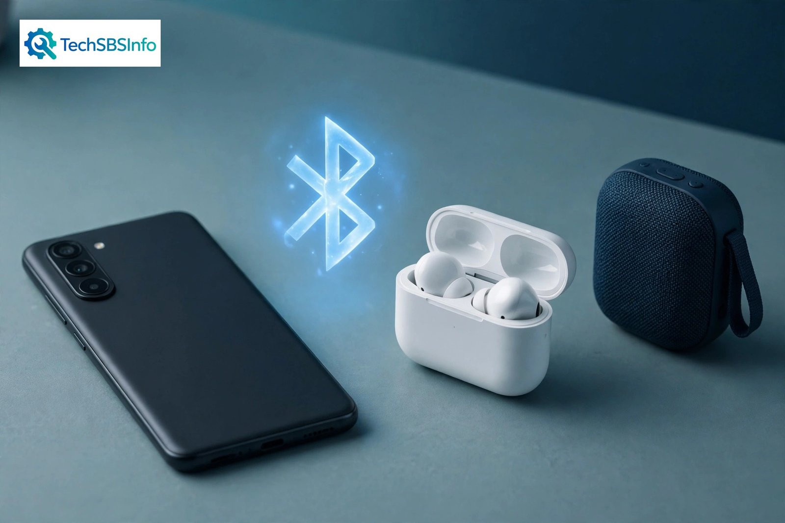 android bluetooth device not pairing — Android phone on a desk with wireless earbuds and a Bluetooth speaker under a glowing Bluetooth symbol