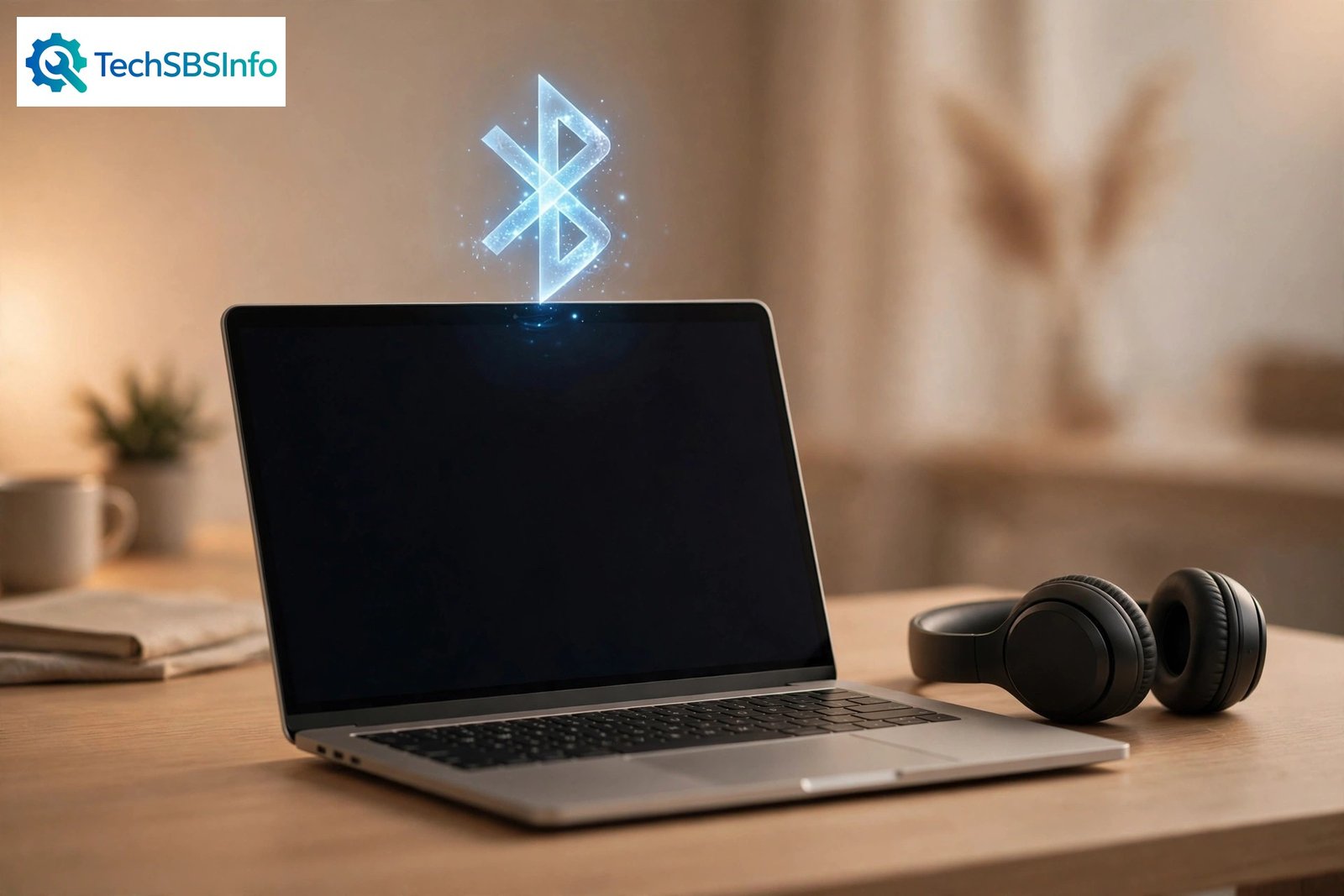 Windows 11 Bluetooth not working — laptop with wireless headphones and a glowing Bluetooth symbol