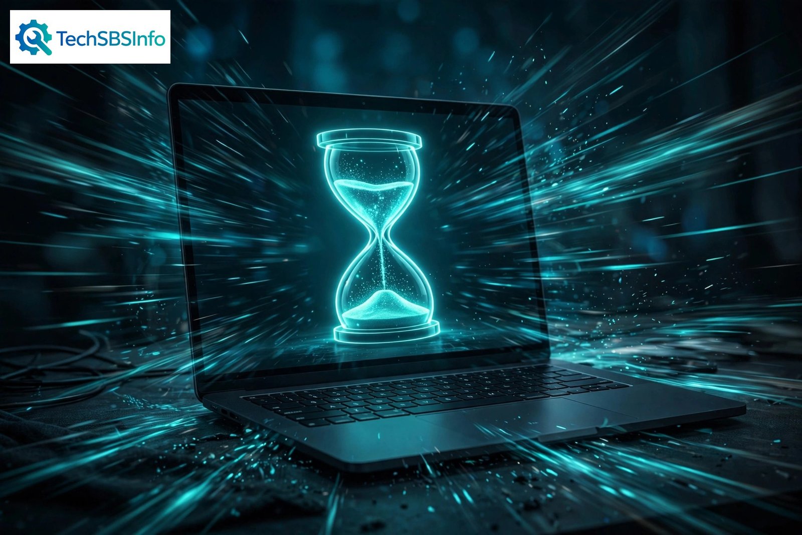 Laptop booting fast with a glowing hourglass and speed lines, illustrating a fix for windows 11 slow startup