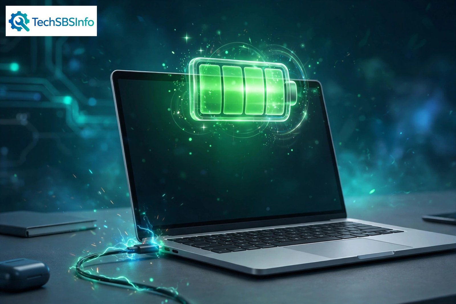 Laptop with a glowing battery icon and charging cable, showing a healthy charge