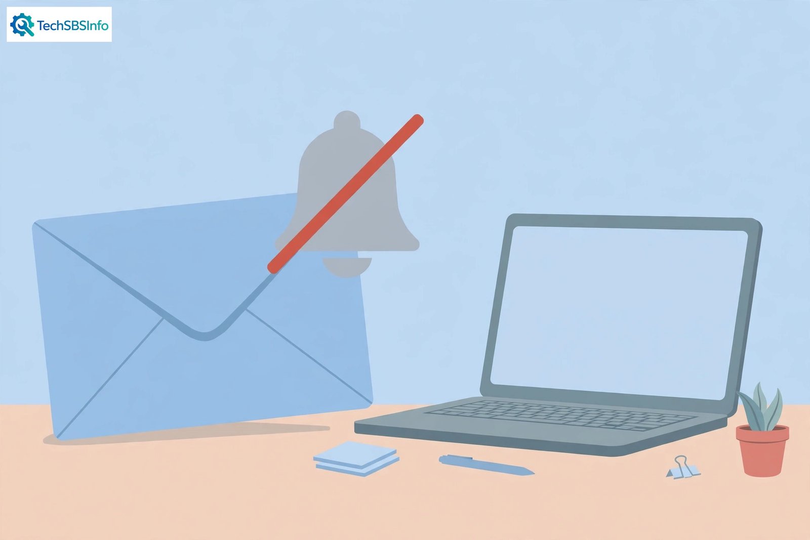Illustration of an email envelope and a muted notification bell beside a laptop, showing the idea of Gmail notifications not working