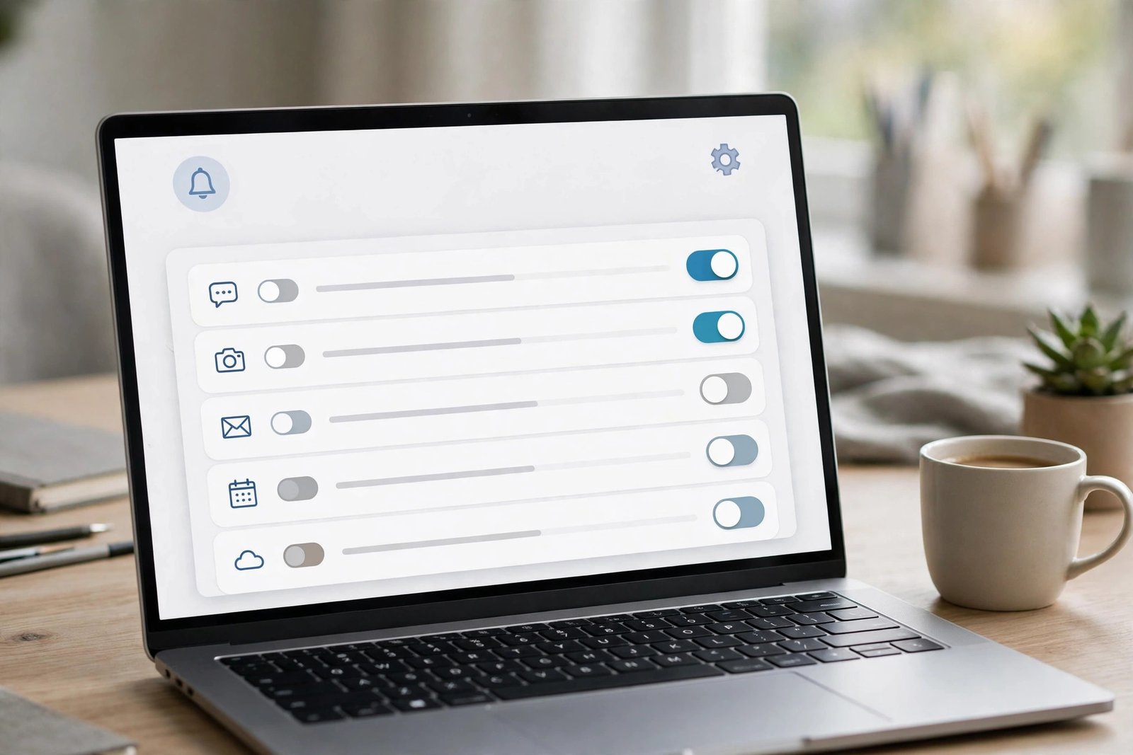 Windows-style notification settings panel with toggles, relevant for fixing Gmail notifications not working on a PC