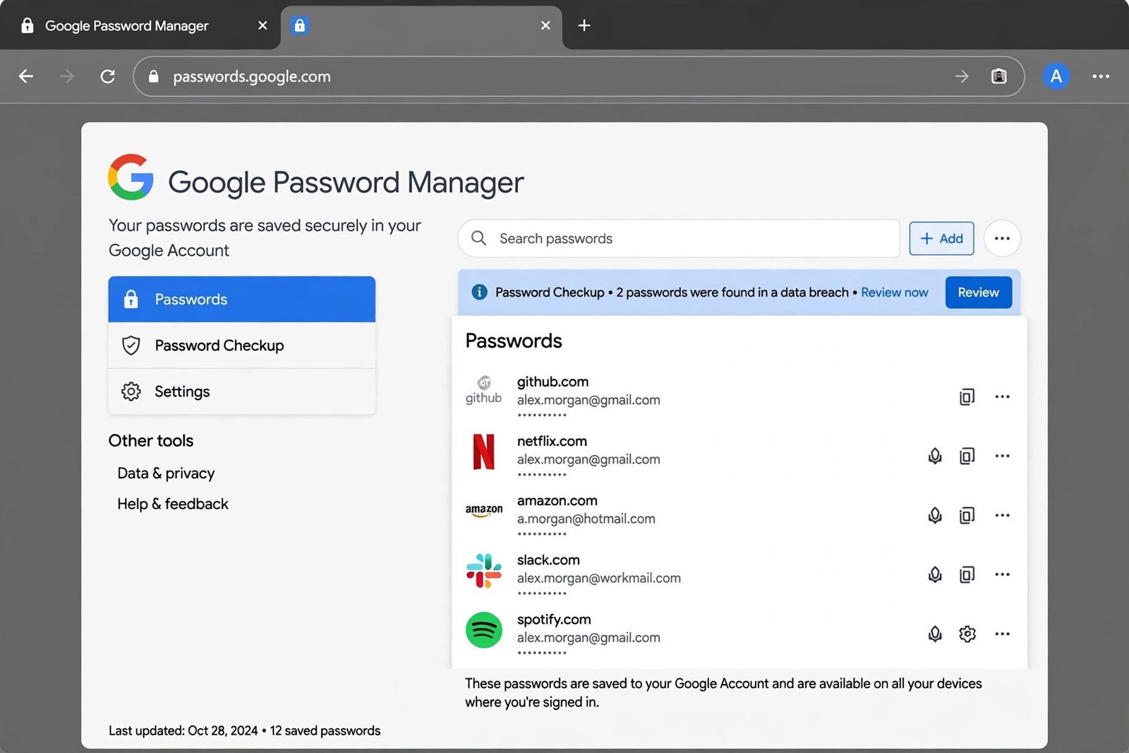 Google Account passwords page showing saved logins when chrome saved passwords disappeared