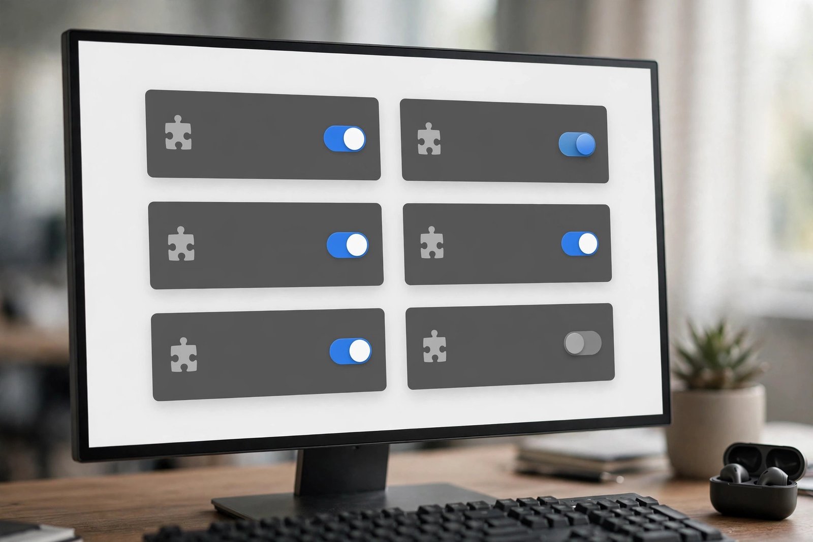 A browser extensions page with toggle switches, showing how to disable extensions when Google Chrome keeps crashing