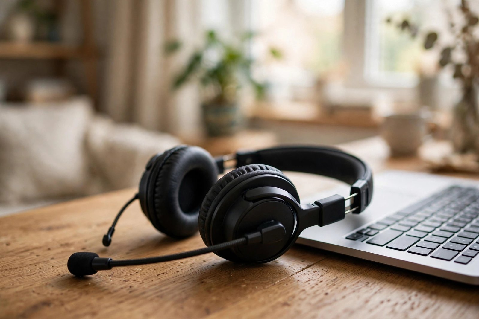 Headset with microphone on a desk — check the physical mute button before assuming the Microsoft Teams microphone not working issue is a software fault