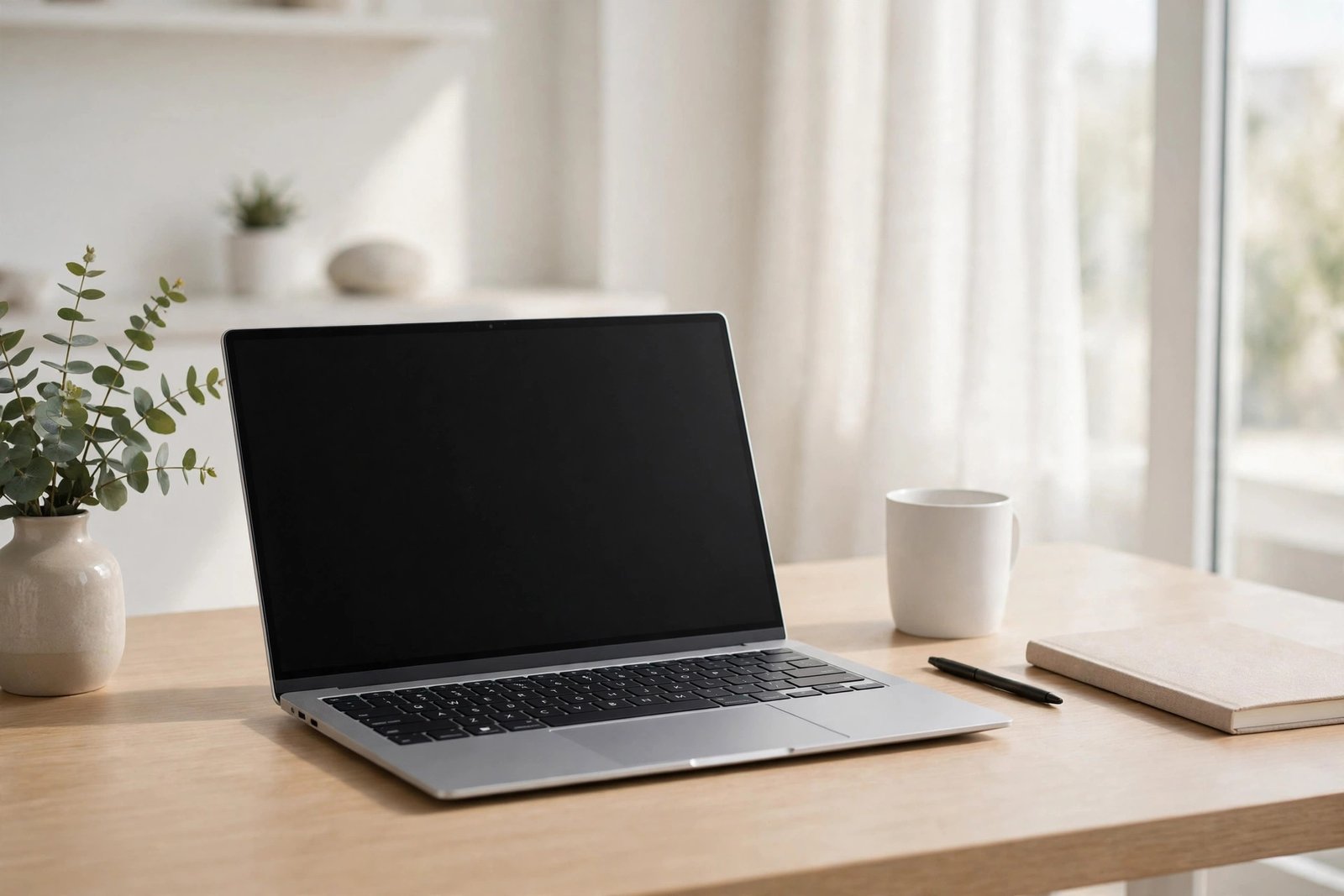 A clean minimal desk with a modern fast laptop, ready for a quick Windows 11 boot