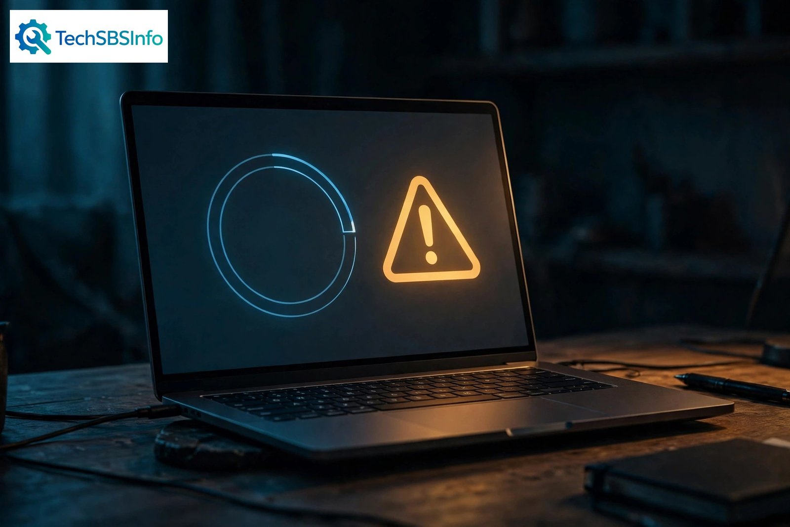 Laptop with a stalled update progress ring and warning triangle, showing a windows update error