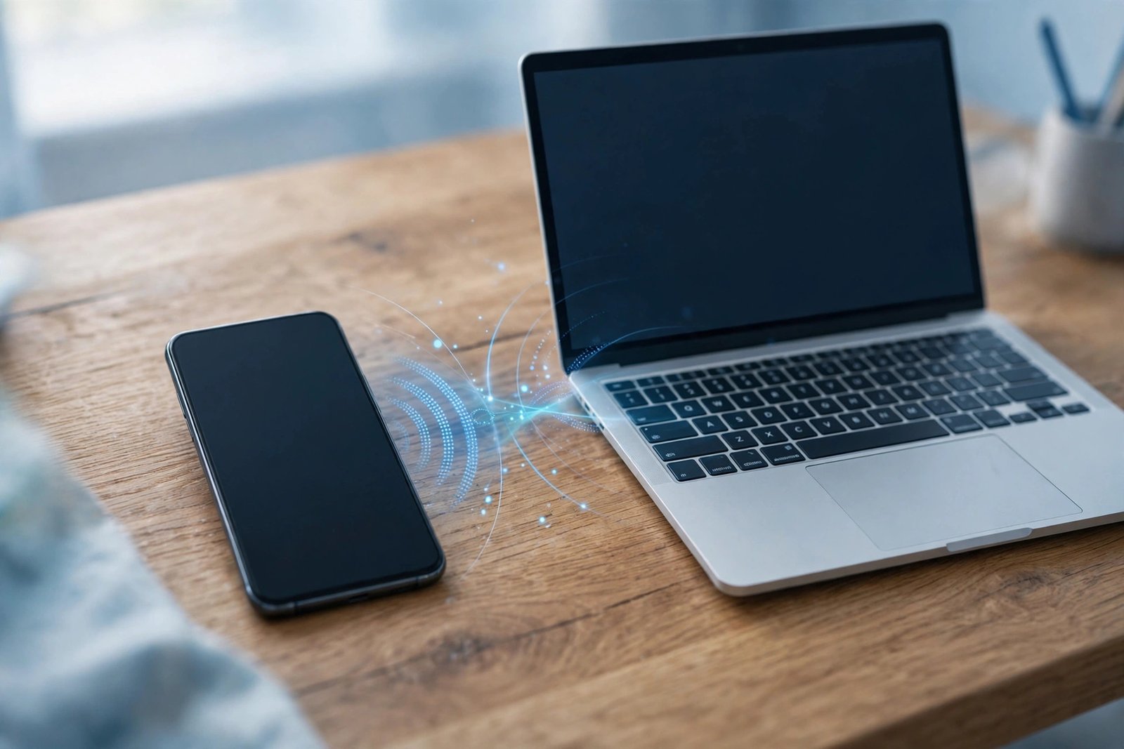Smartphone and laptop side by side — pairing a device again from scratch often clears stale pairing data