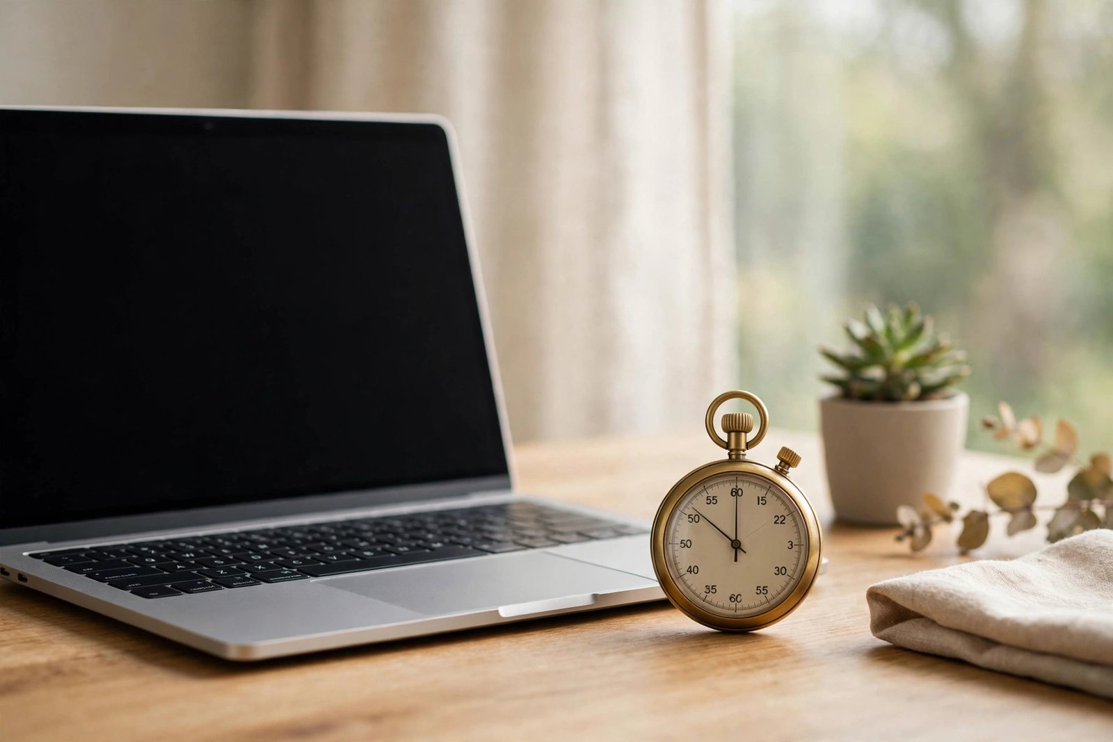 Laptop on a desk next to a stopwatch, showing how trimming startup apps speeds up a windows 11 slow startup