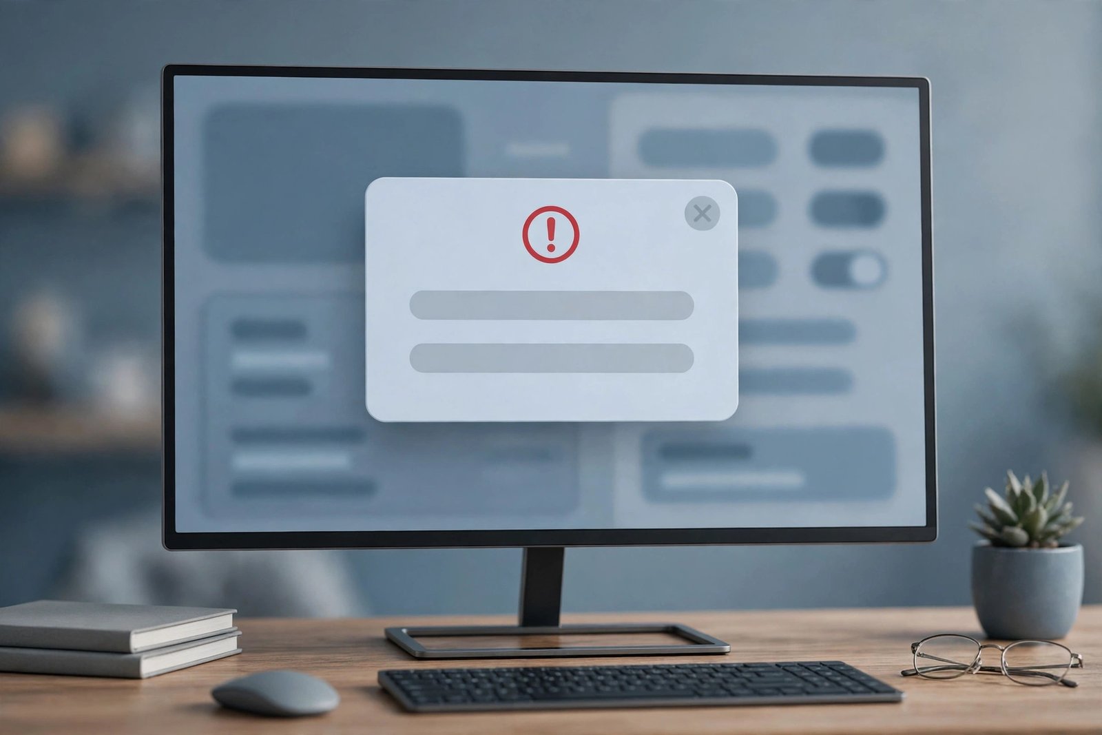 An abstract error dialog on a monitor, the visible sign of a windows update error