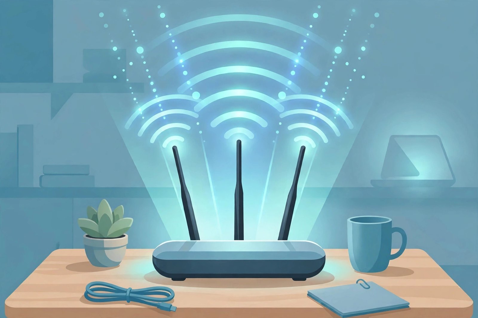 A Wi-Fi router with glowing signal waves, ready to download updates