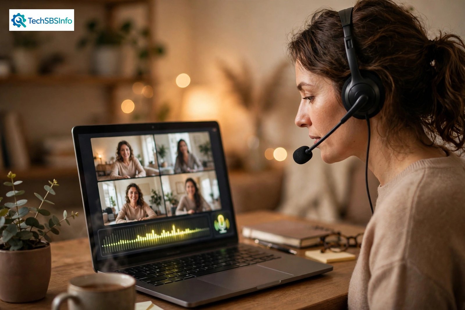A headset with a microphone at a desk next to a laptop — the Microsoft Teams microphone not working problem is usually a settings issue, not a broken mic