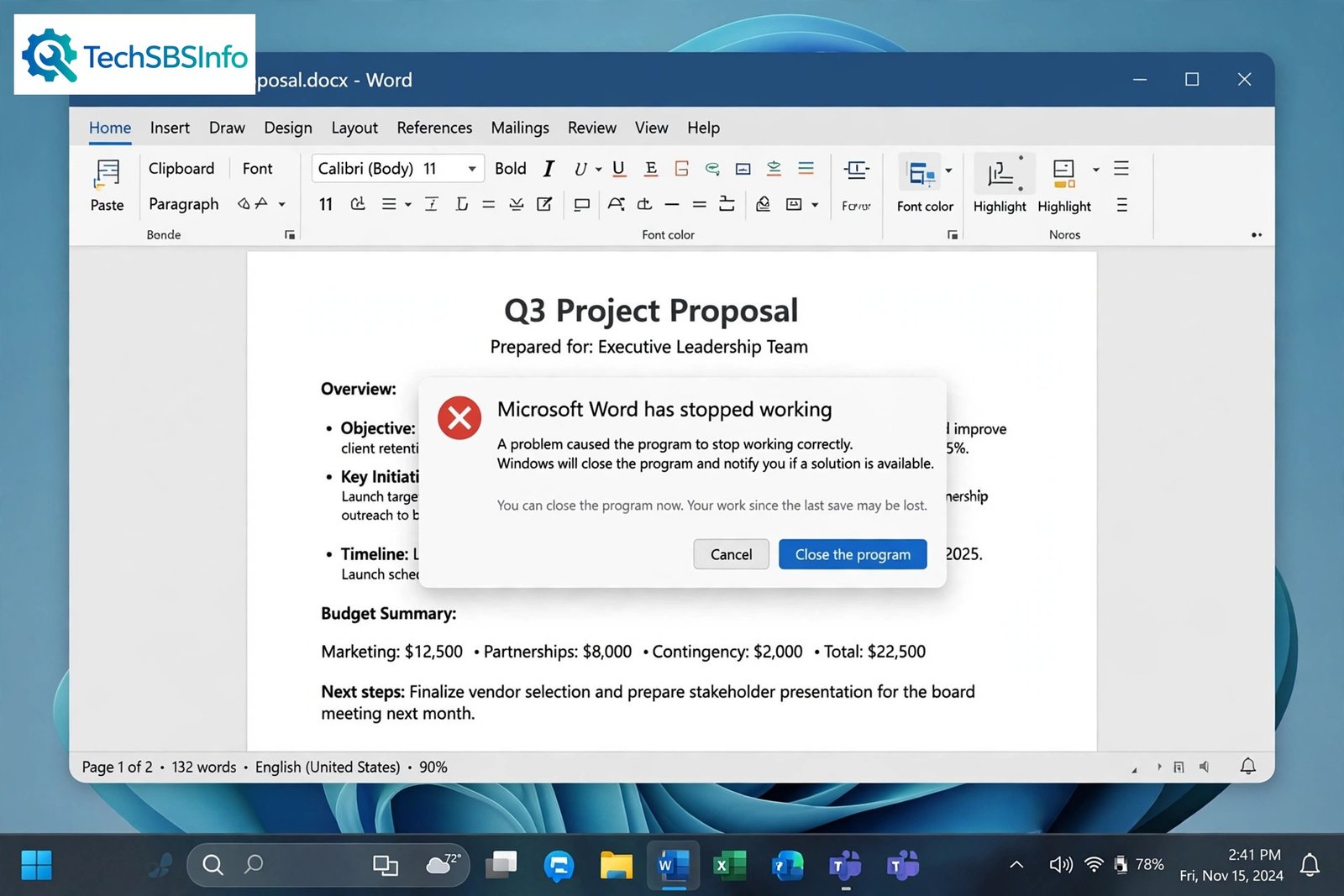 Microsoft Word showing office apps crashing on startup error dialog on Windows