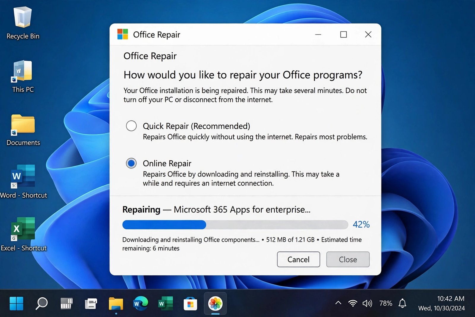 Running Online Repair to fix office apps crashing on startup