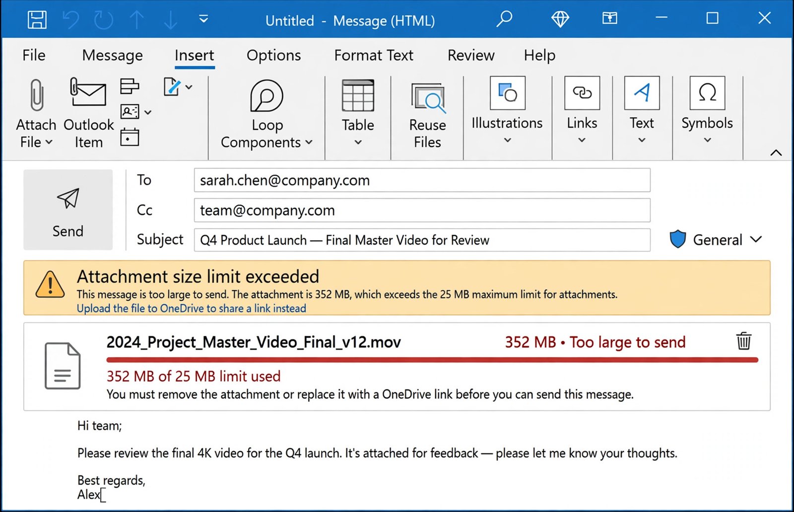 Outlook emails stuck in outbox: large attachment warning on an email stuck in the Outbox